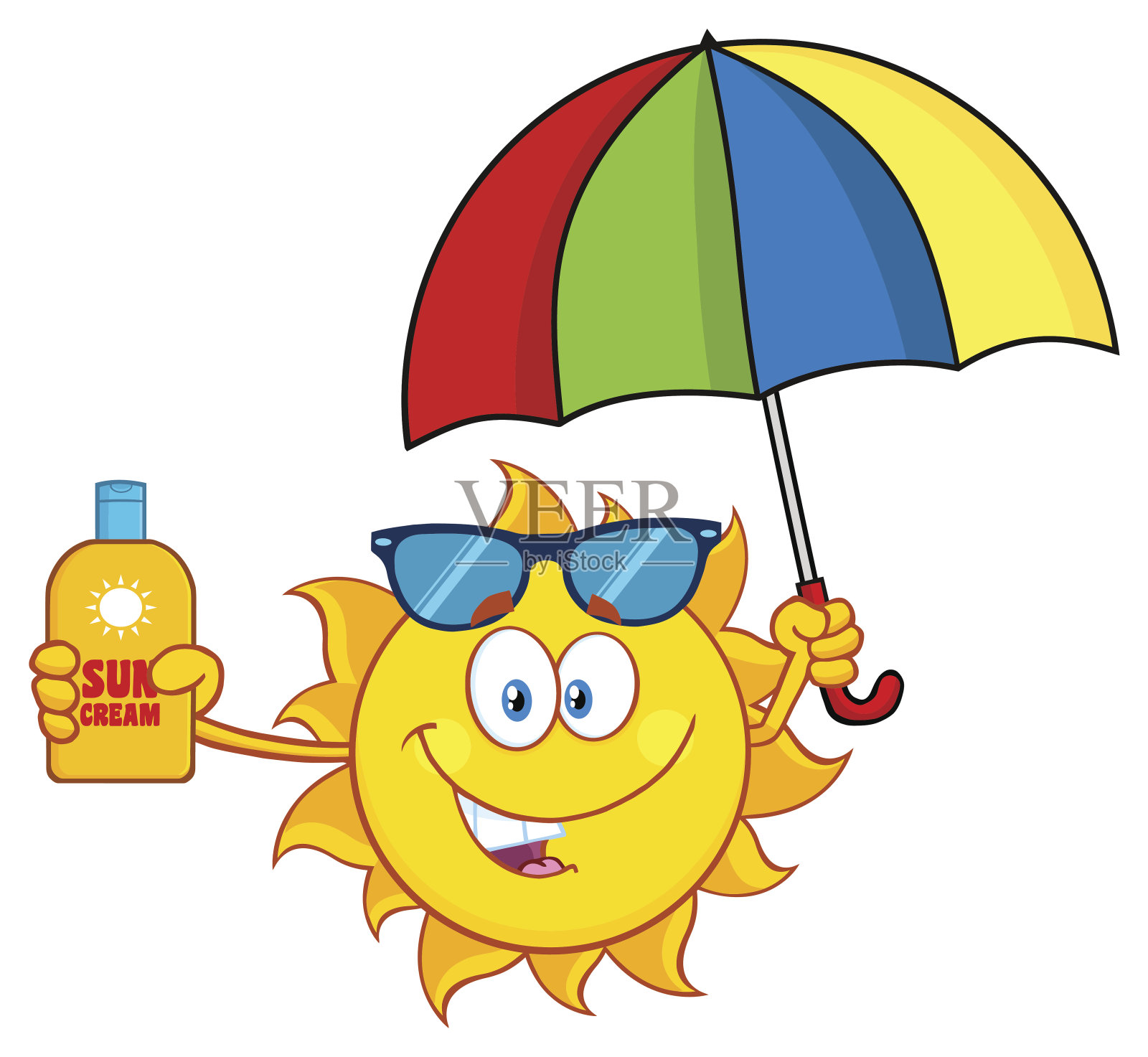 快乐的太阳拿着防晒霜和伞插画图片素材