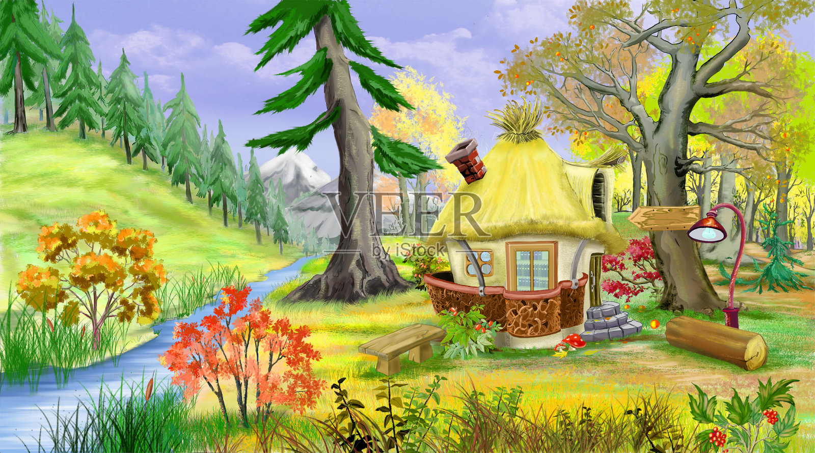 秋天河边的童话小屋插画图片素材