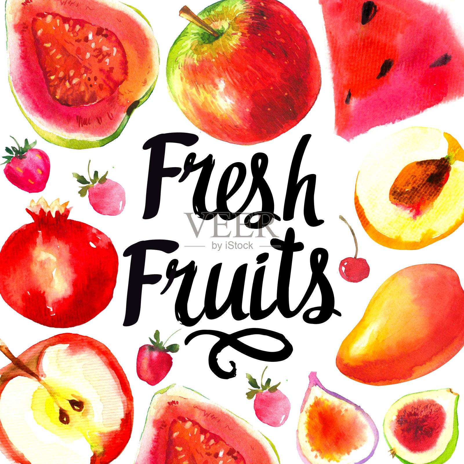 用水彩描绘红色食物。一套新鲜水果素描。插画图片素材