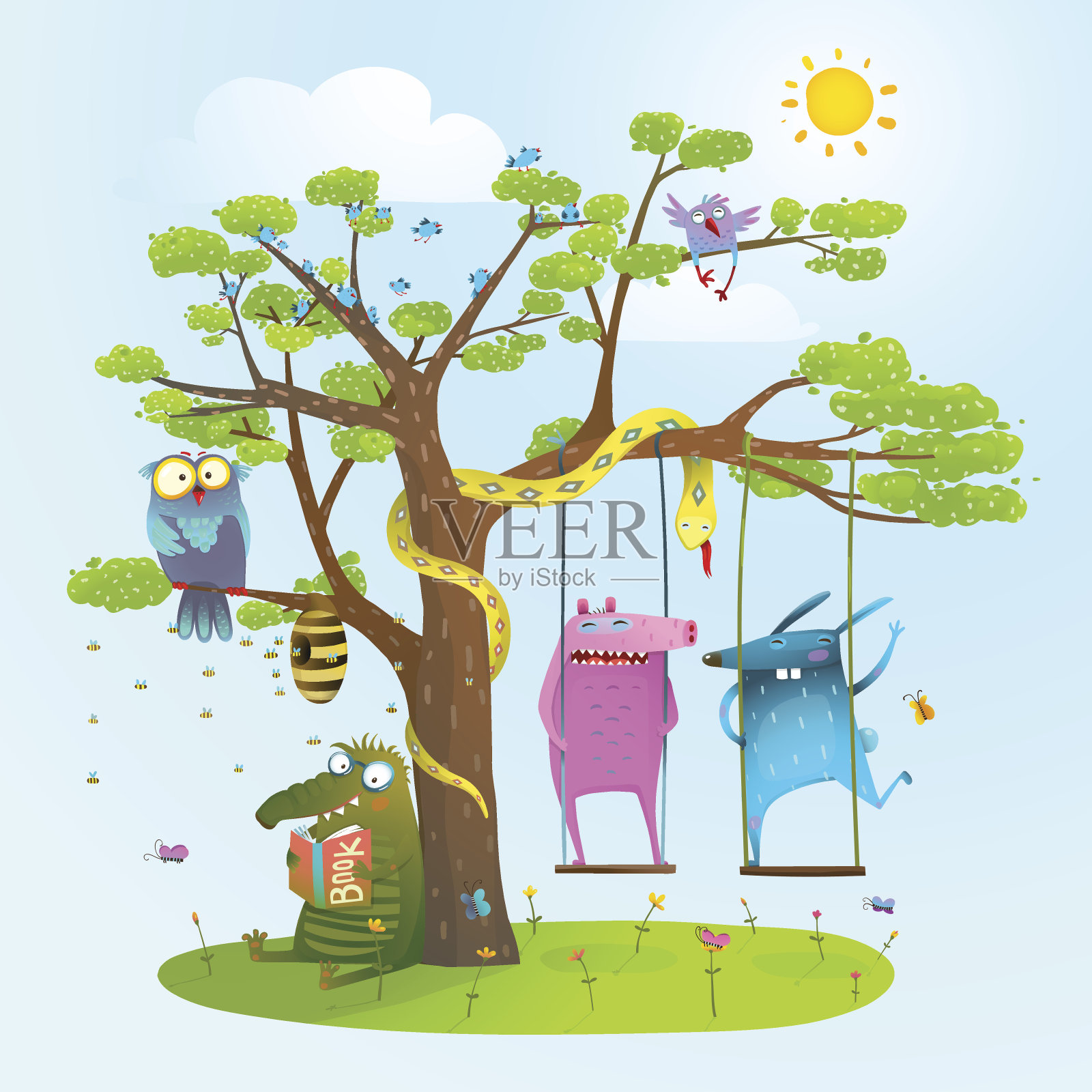 可爱的夏季动物朋友们在树下玩耍，荡秋千，阅读。插画图片素材