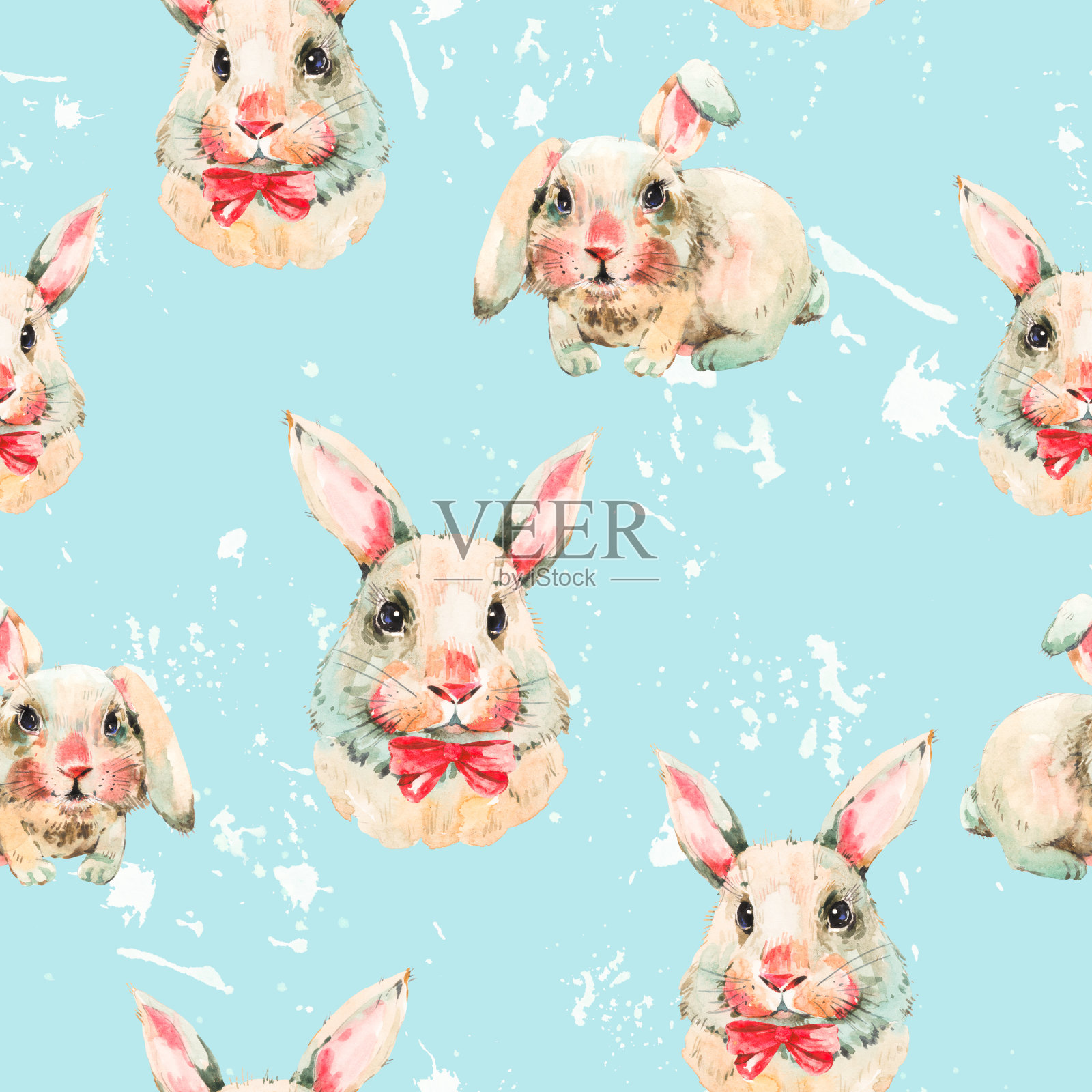 水彩无缝图案与白兔设计元素图片