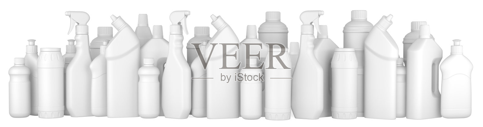 塑料洗涤剂瓶子排成一排。照片摄影图片