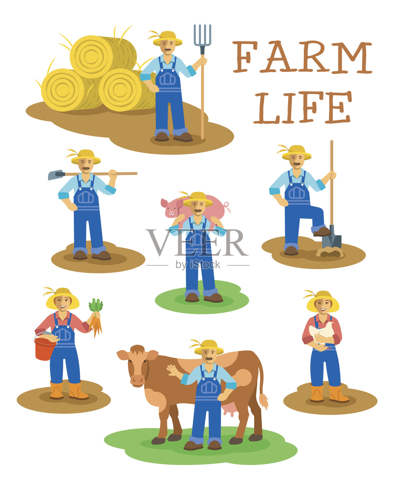 在农场工作的男人和女人插画图片素材