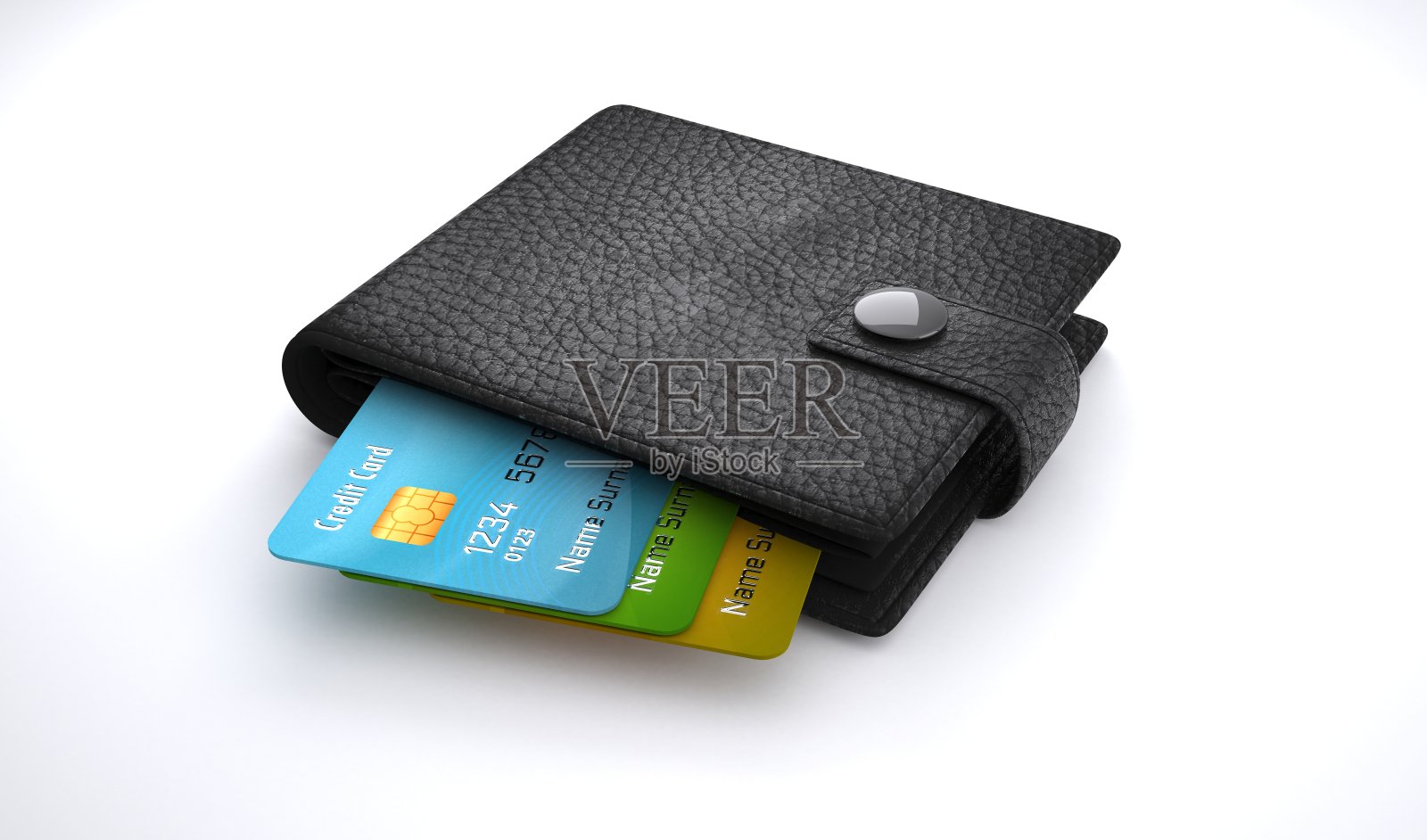 白色背景下皮夹里的信用卡。照片摄影图片