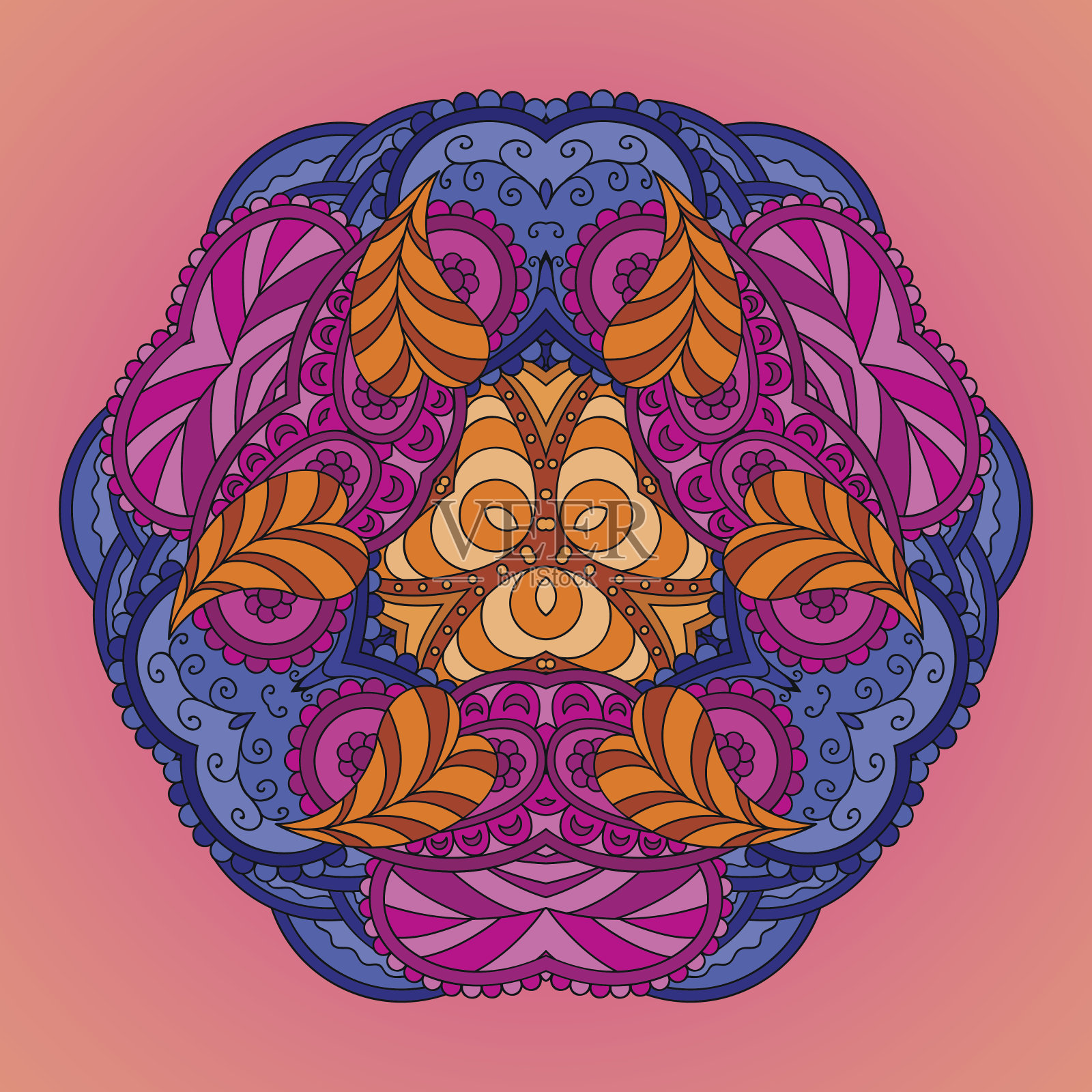 粉红背景上的蓝紫曼陀罗。插画图片素材