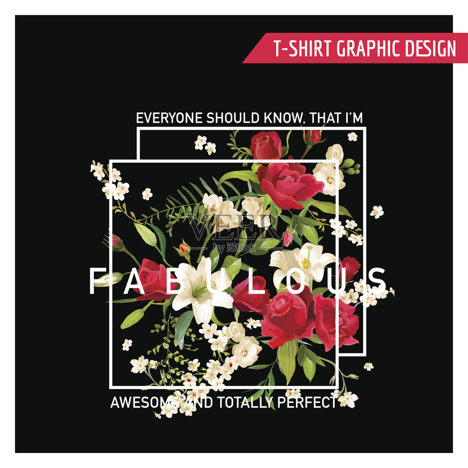花玫瑰和百合平面设计的t恤，时尚，印花插画图片素材