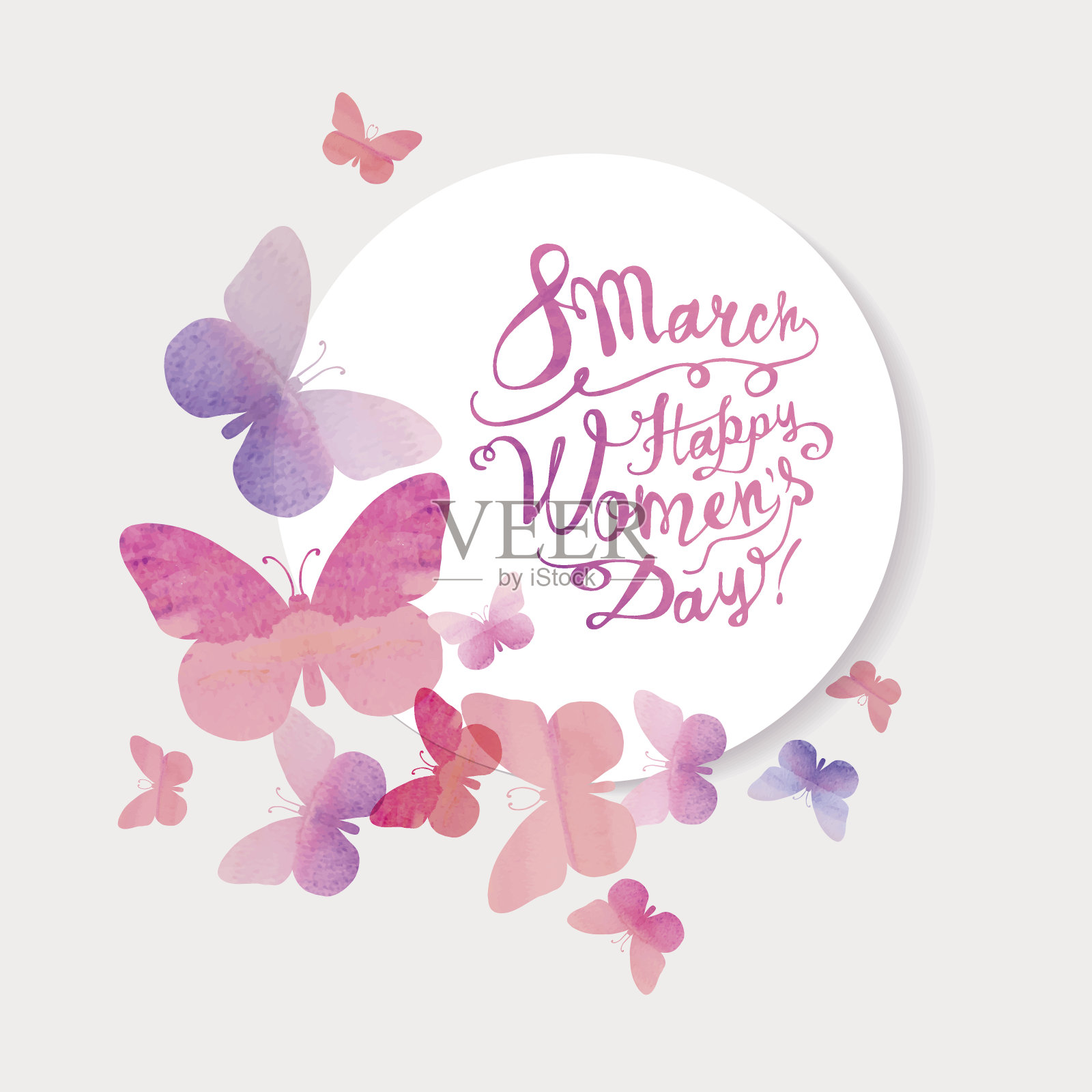 3月8日。女人节快乐!粉红色的水彩蝴蝶插画图片素材
