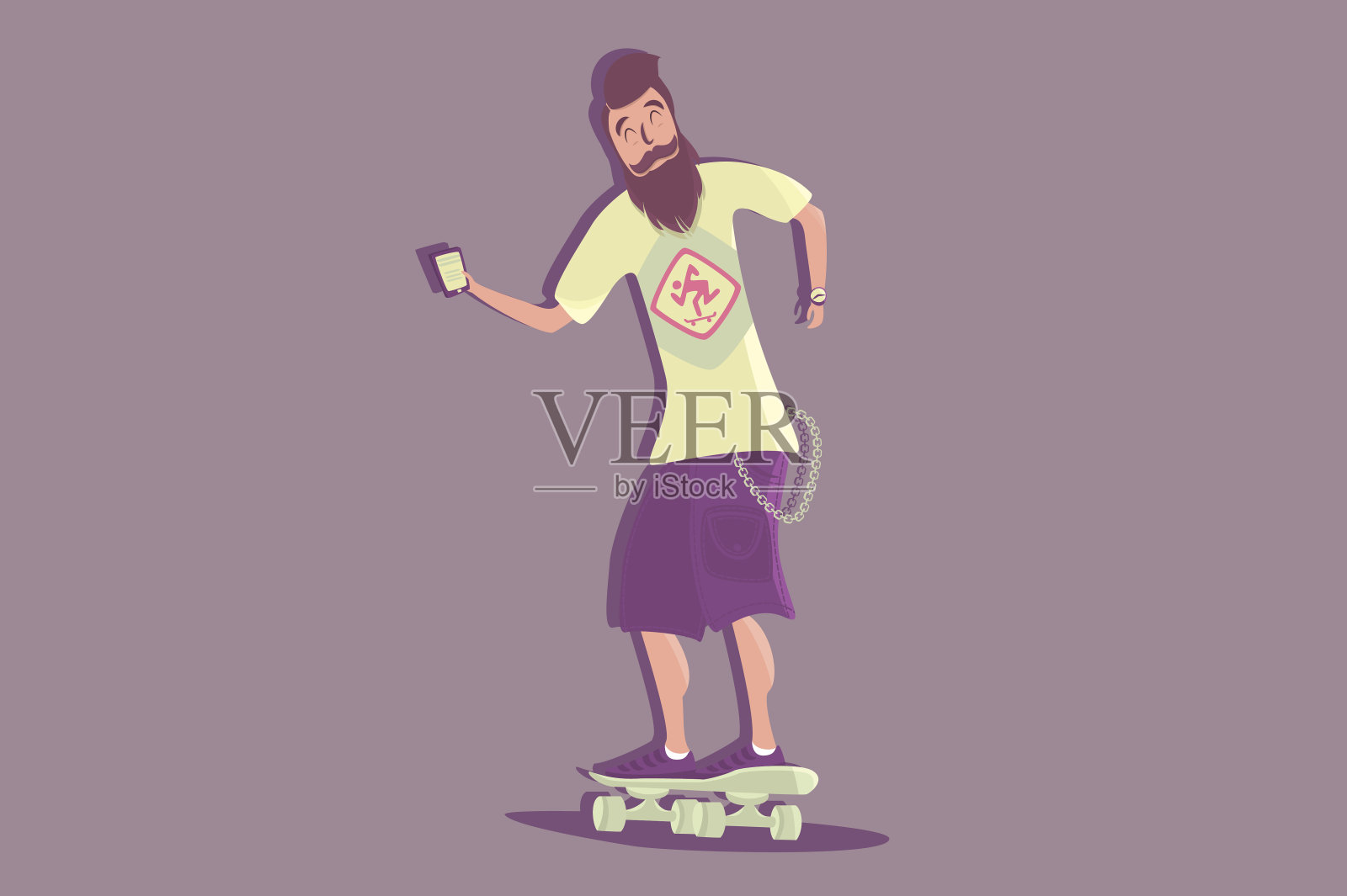 酷向量潮人性格与胡子骑长板滑板。插画图片素材