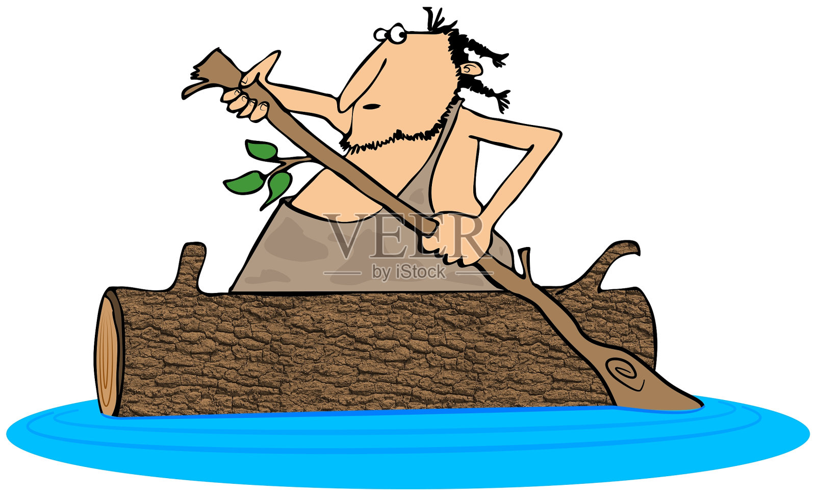 穴居人划着木独木舟插画图片素材