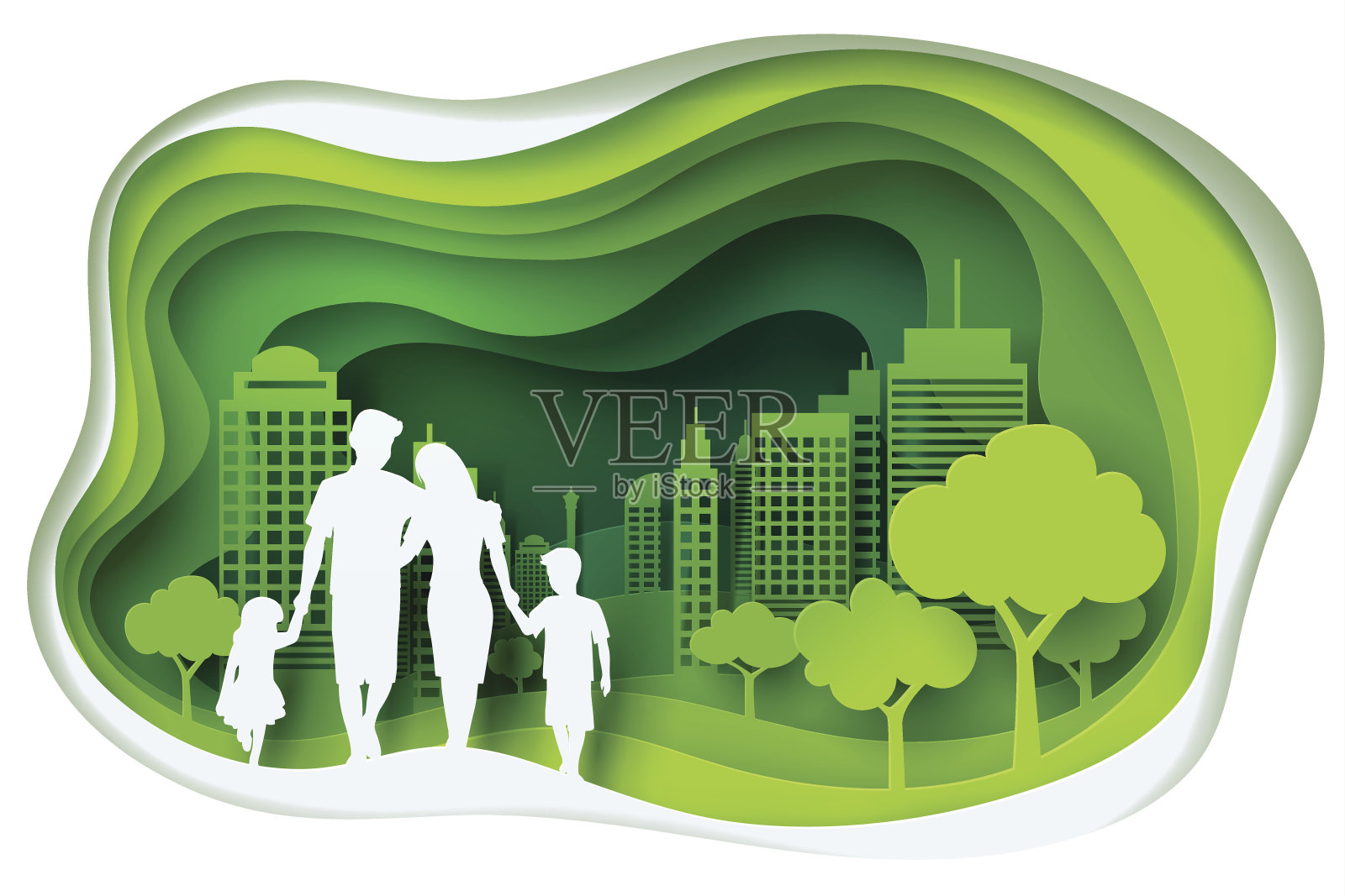 纸雕以家庭和公园的绿色小镇造型，纸的艺术理念和生态理念设计元素图片