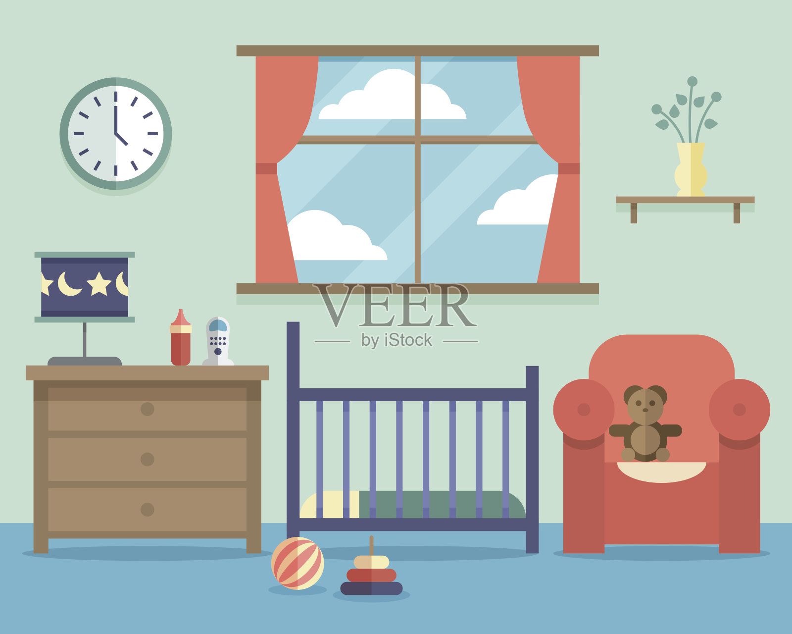 婴儿室的室内家具与平板风格插画图片素材