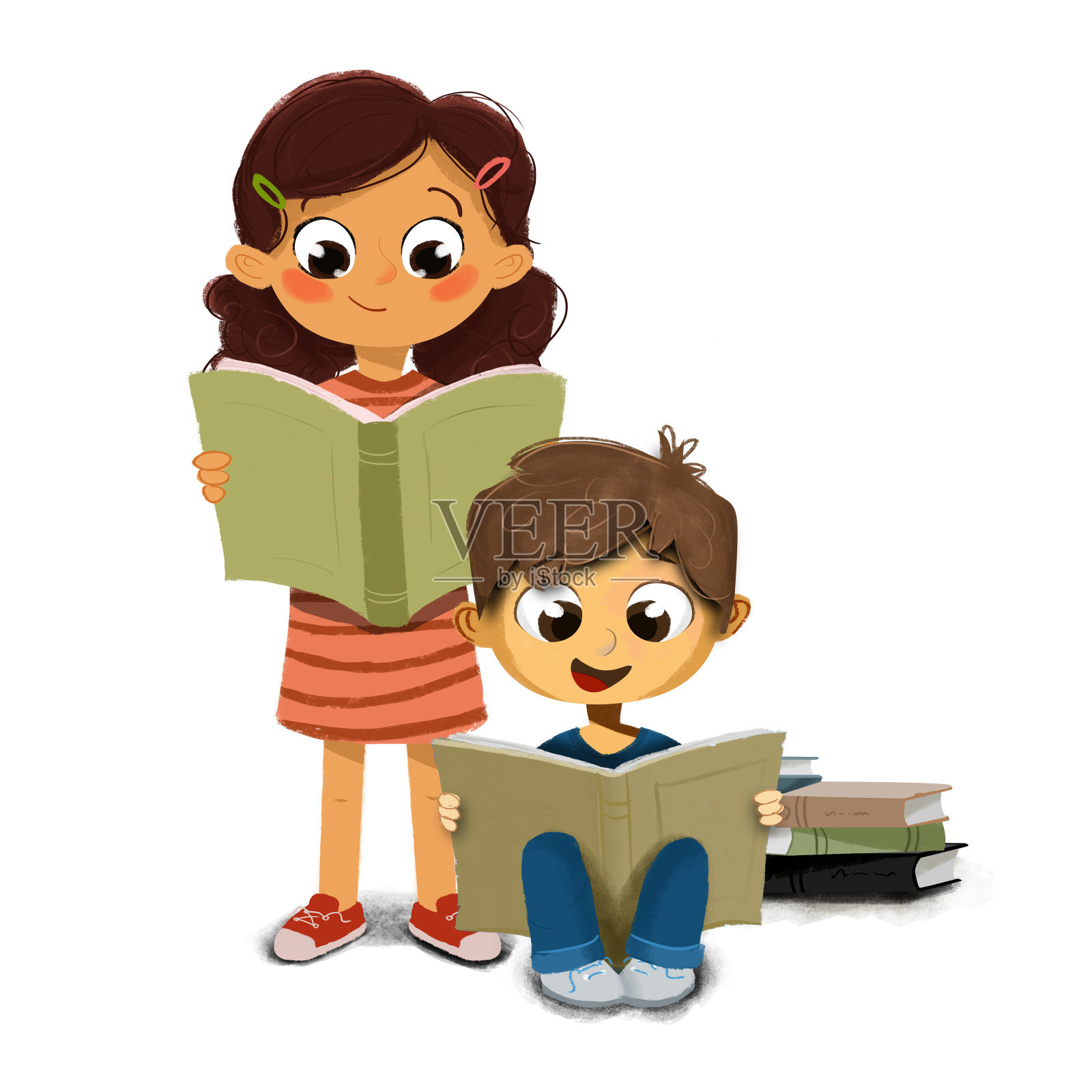 插图一个男孩和女孩读一本书设计元素图片