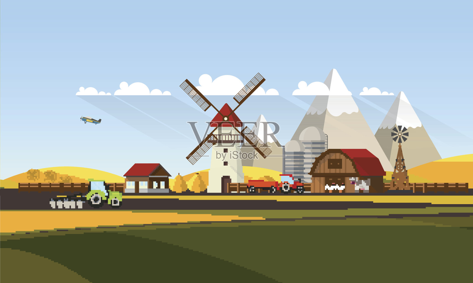 农业乡村景观多彩的平面设计，矢量插图。插画图片素材