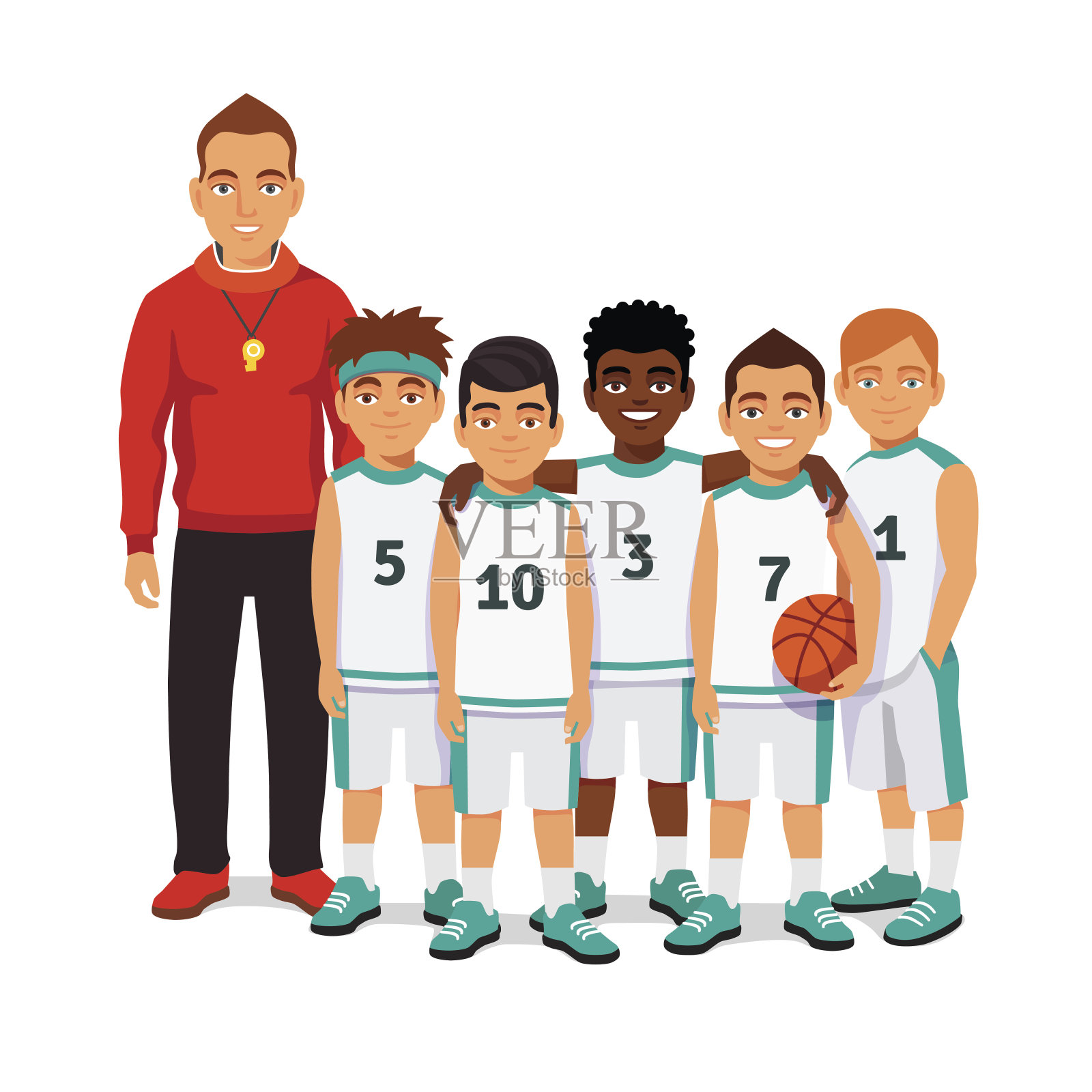 学校男生篮球队和他们的教练插画图片素材