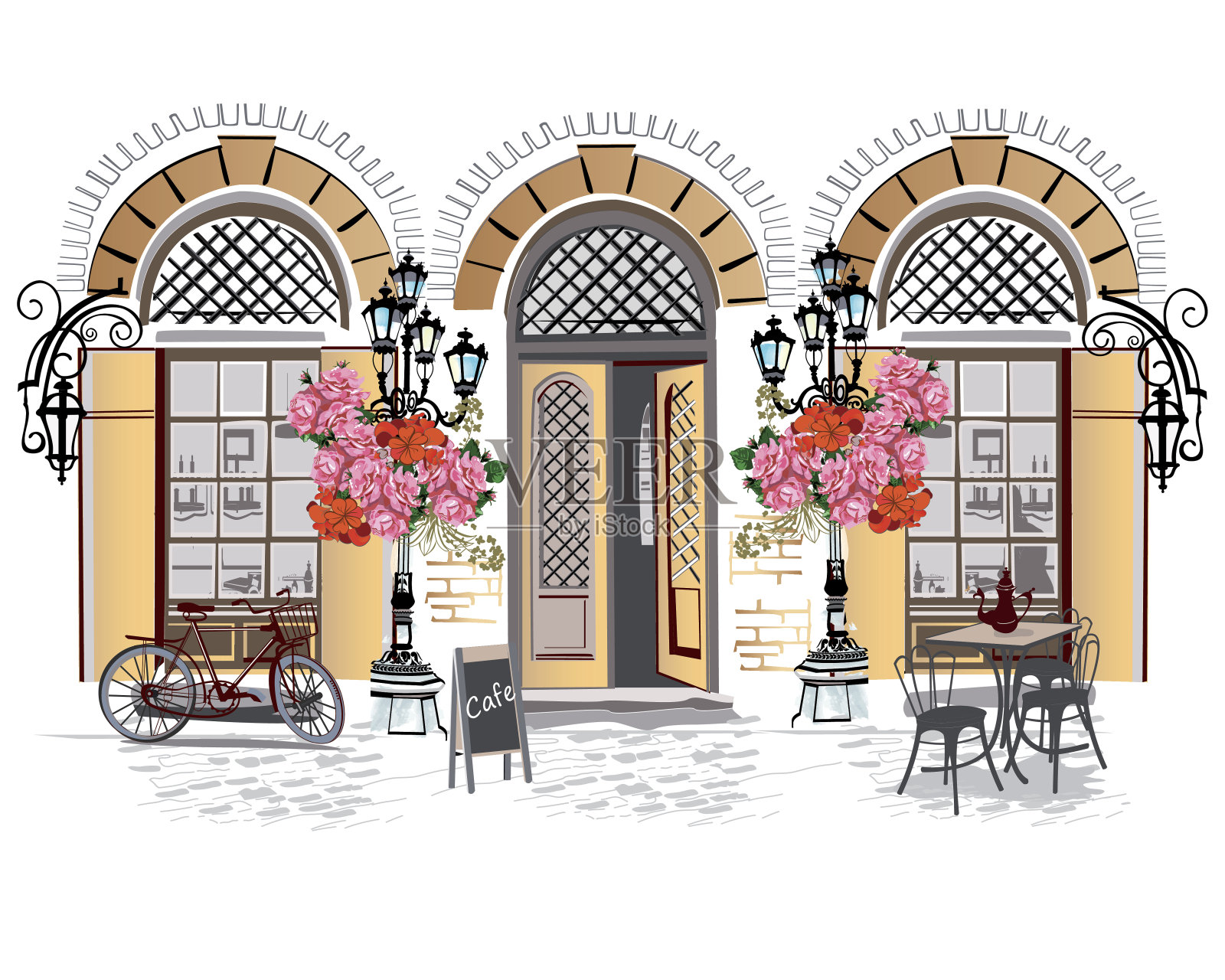 大街上摆满鲜花的咖啡馆。插画图片素材