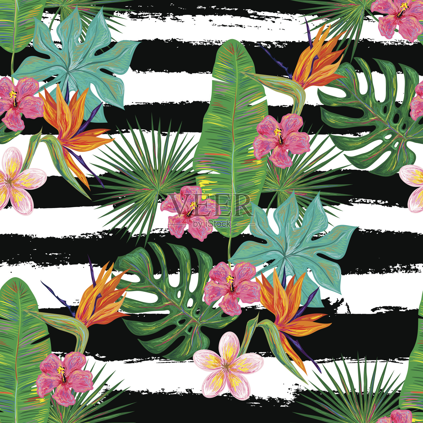 无缝夏季热带模式与异国情调的花和叶插画图片素材