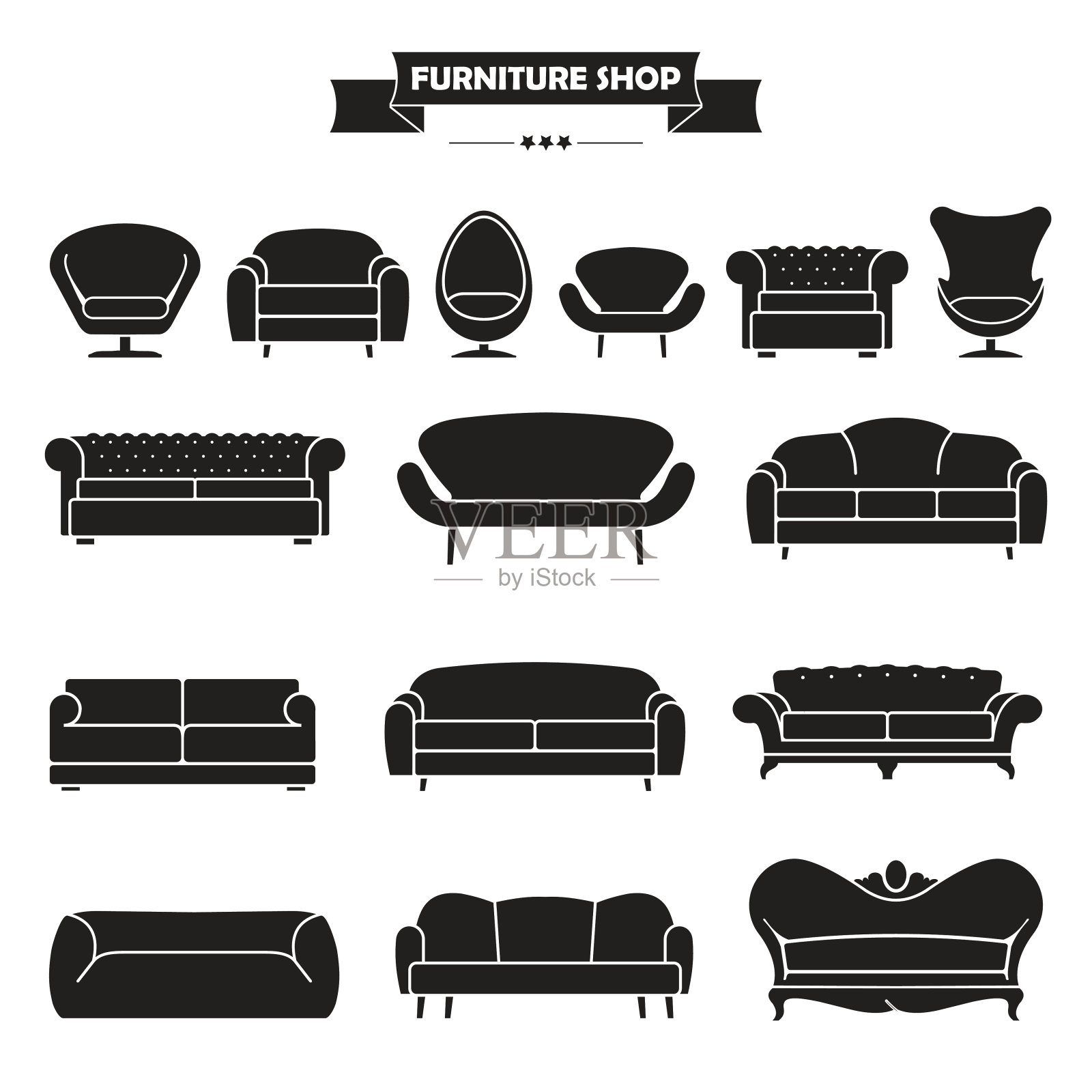 豪华现代沙发和沙发图标集。插画图片素材