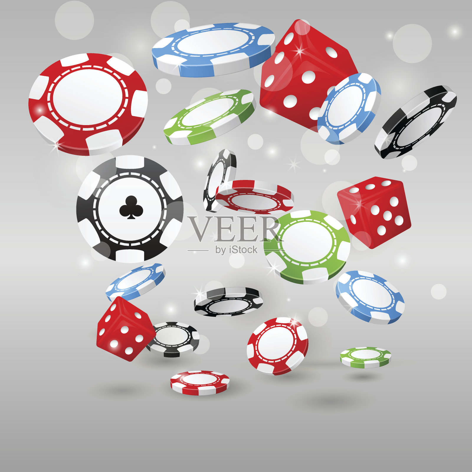 赌博和赌场的标志-飞行的扑克筹码和骰子设计元素图片