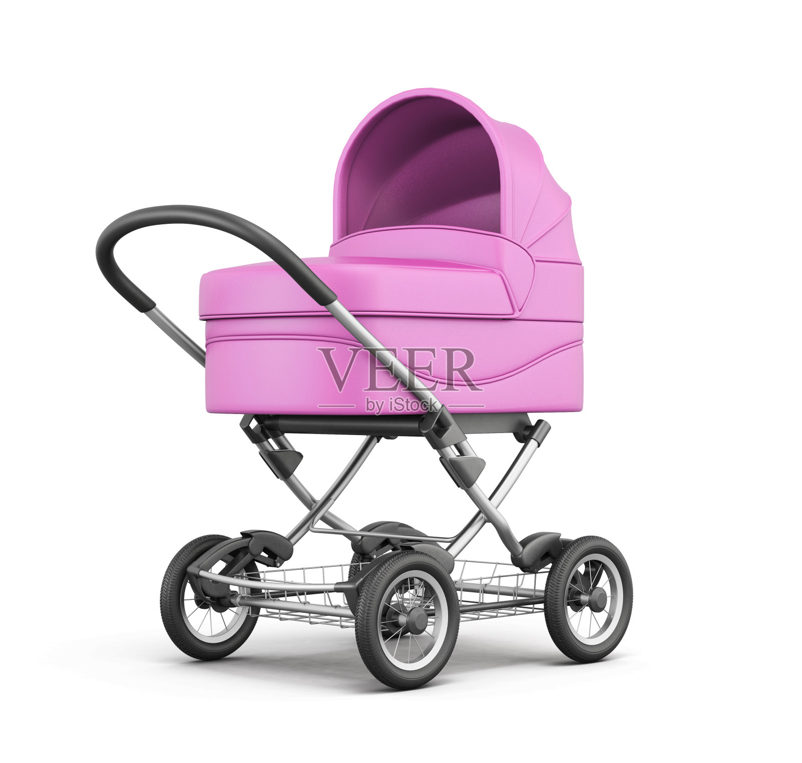 粉色婴儿车孤立在白色背景。三维渲染照片摄影图片