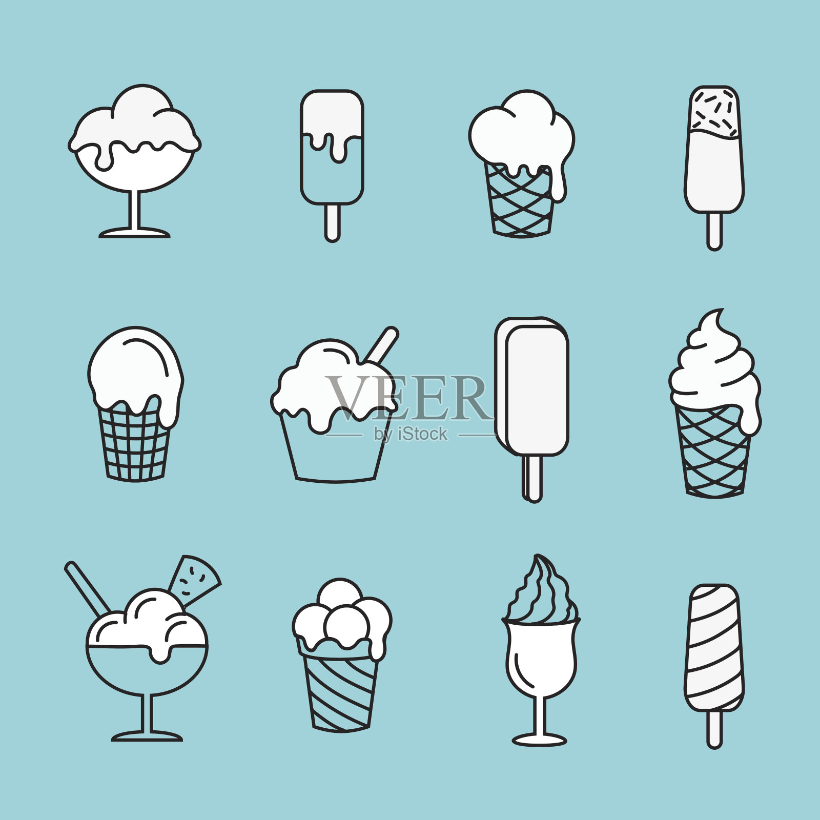 设置线条图标冰淇淋。甜点甜食物矢量插图设计元素图片