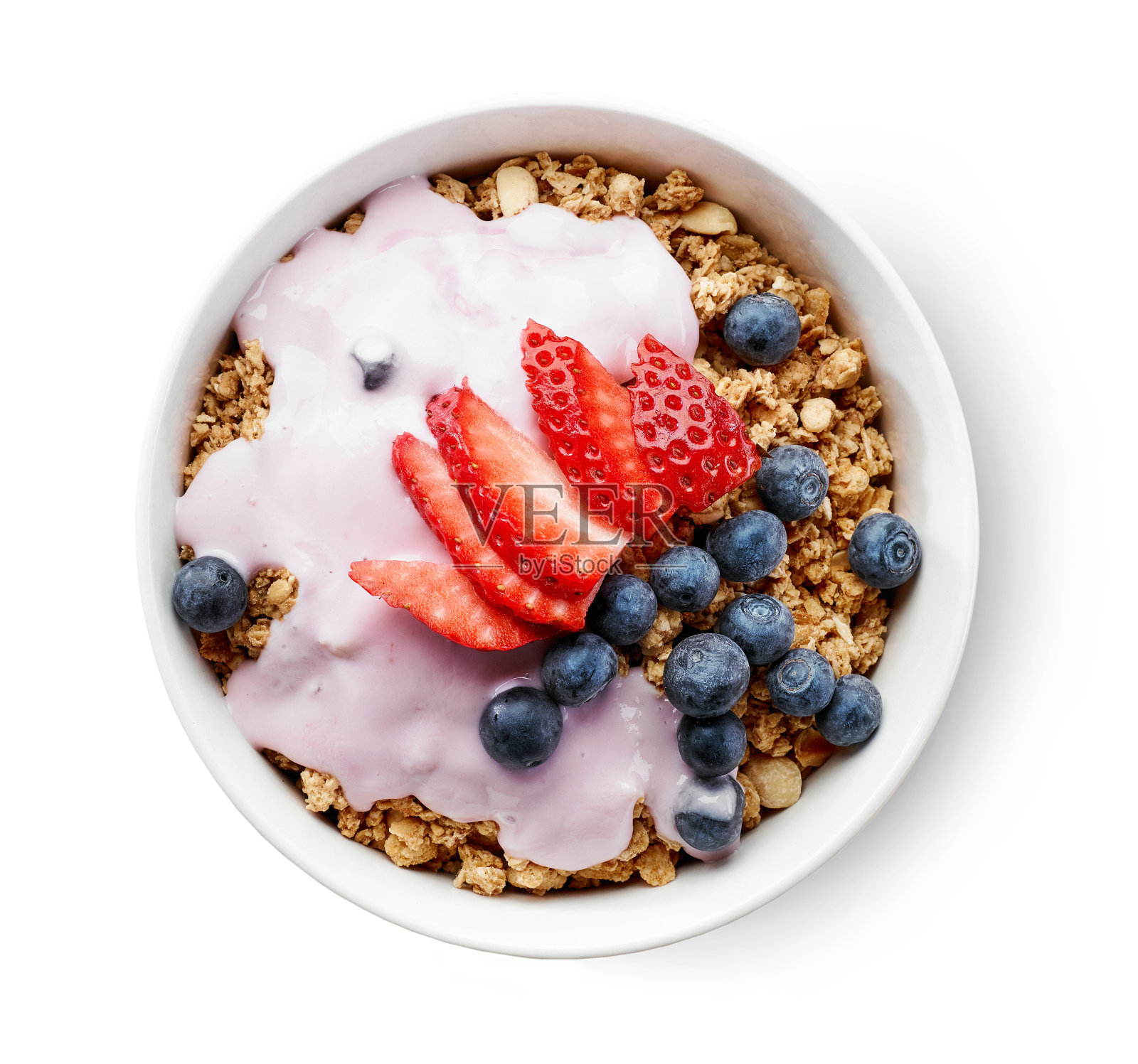 一碗加酸奶和浆果的格兰诺拉麦片照片摄影图片
