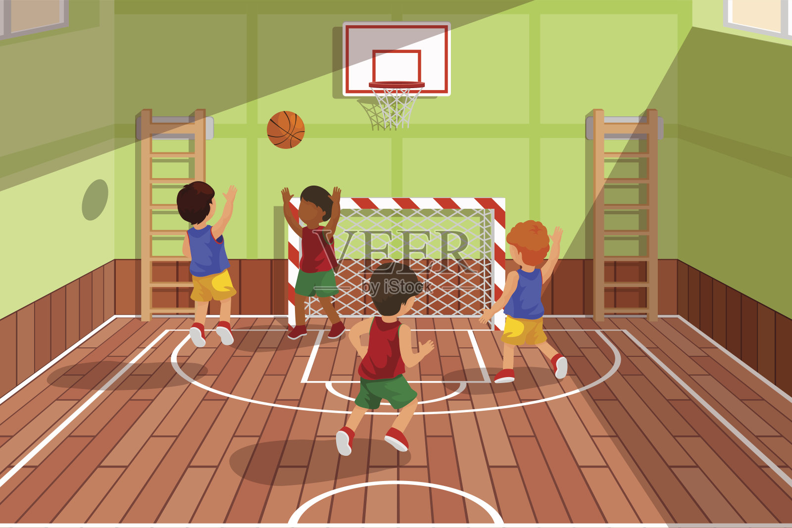 学校篮球队打比赛。孩子们在玩矢量插图插画图片素材