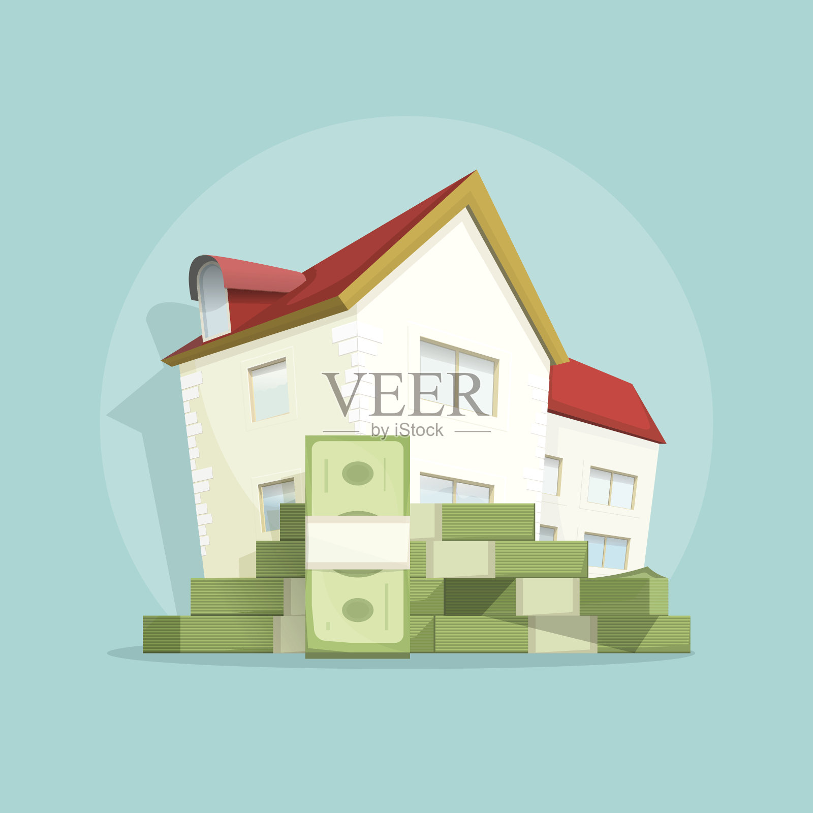 房子用成堆的钱，家居消费的符号，抵押贷款的概念插画图片素材