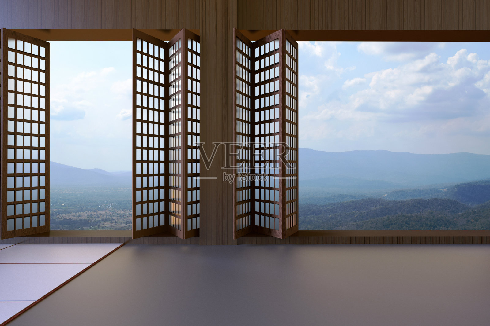 简约的现代日本客厅干净的窗户和风景照片摄影图片