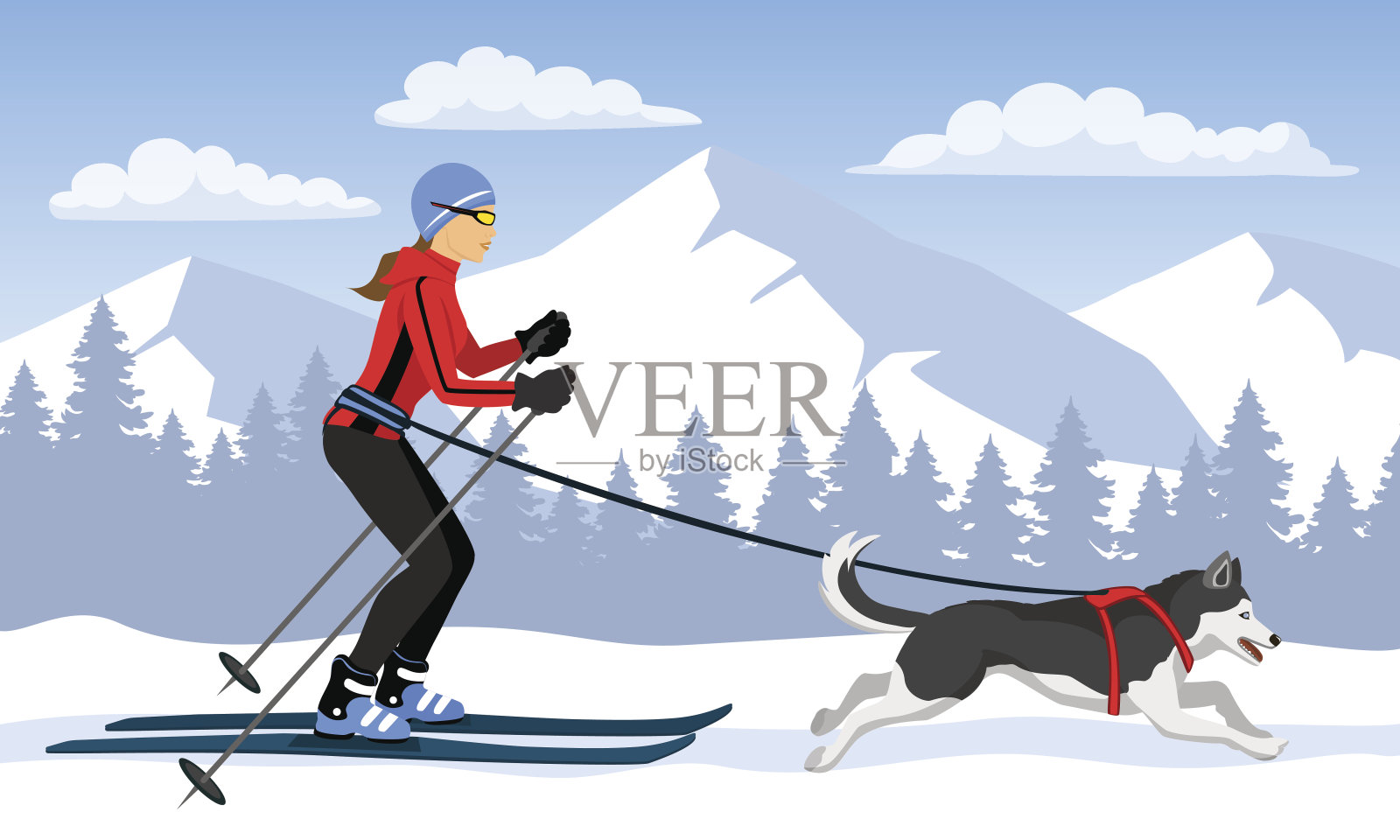 一个女人和她的狗滑雪插画图片素材
