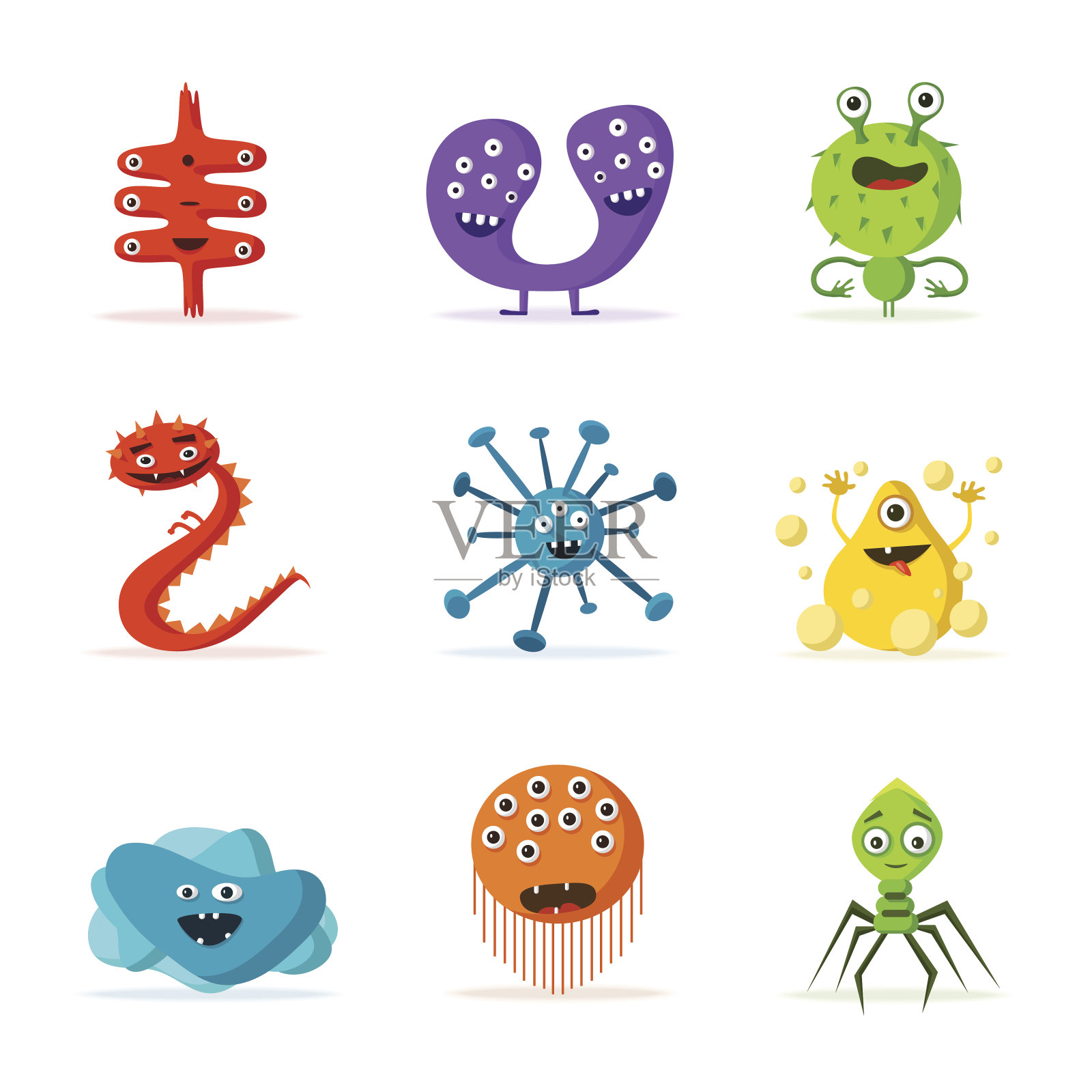 一组细菌特征。卡通矢量插图。微生物学插画图片素材