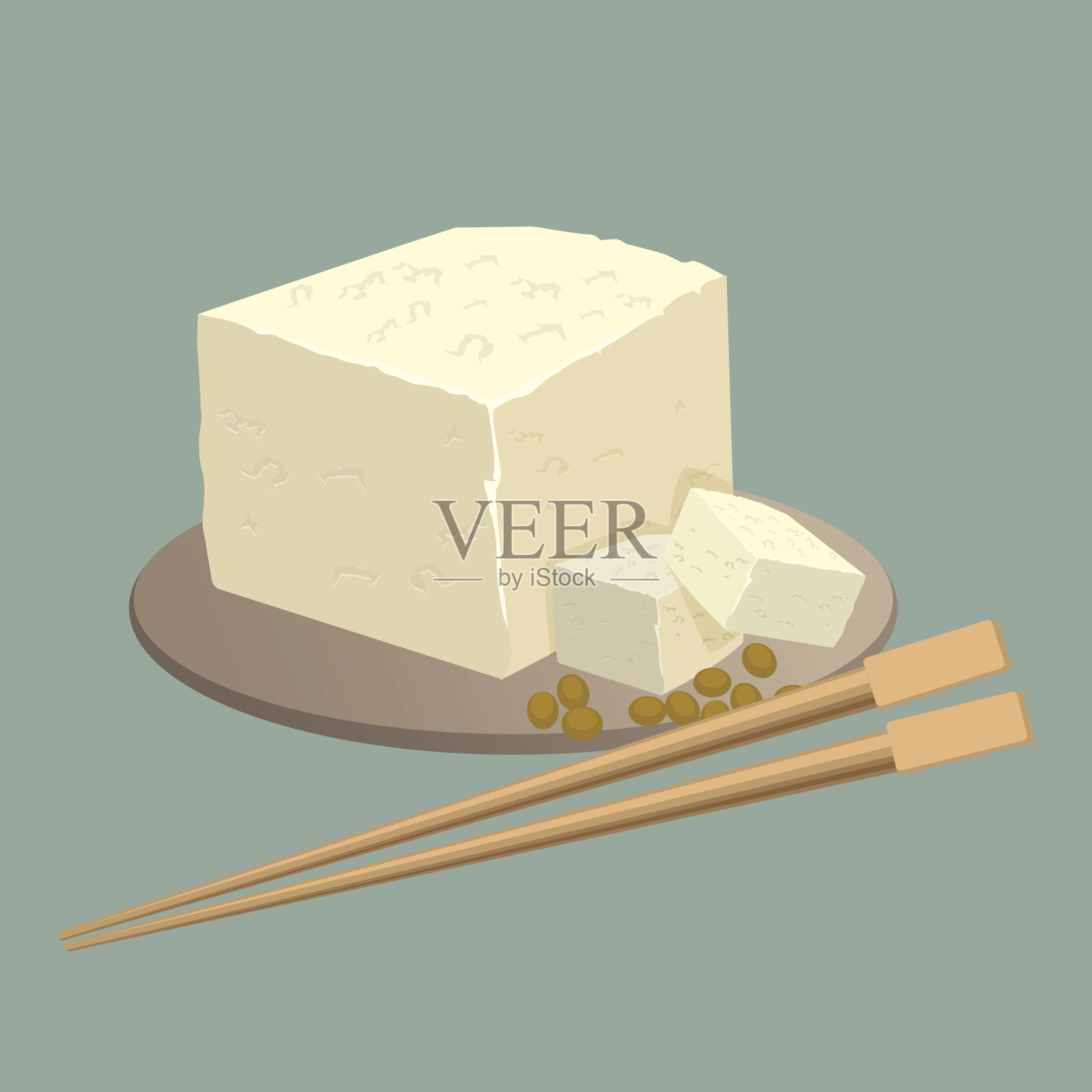 豆腐芝士盘用筷子隔离。健康的中国食物插画图片素材
