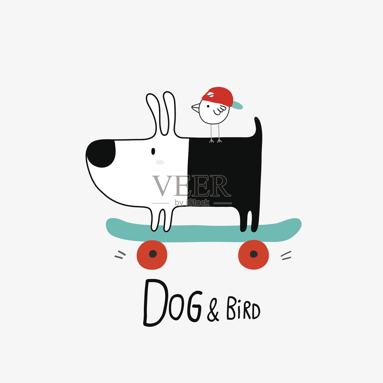 狗和鸟在滑板上插画图片素材