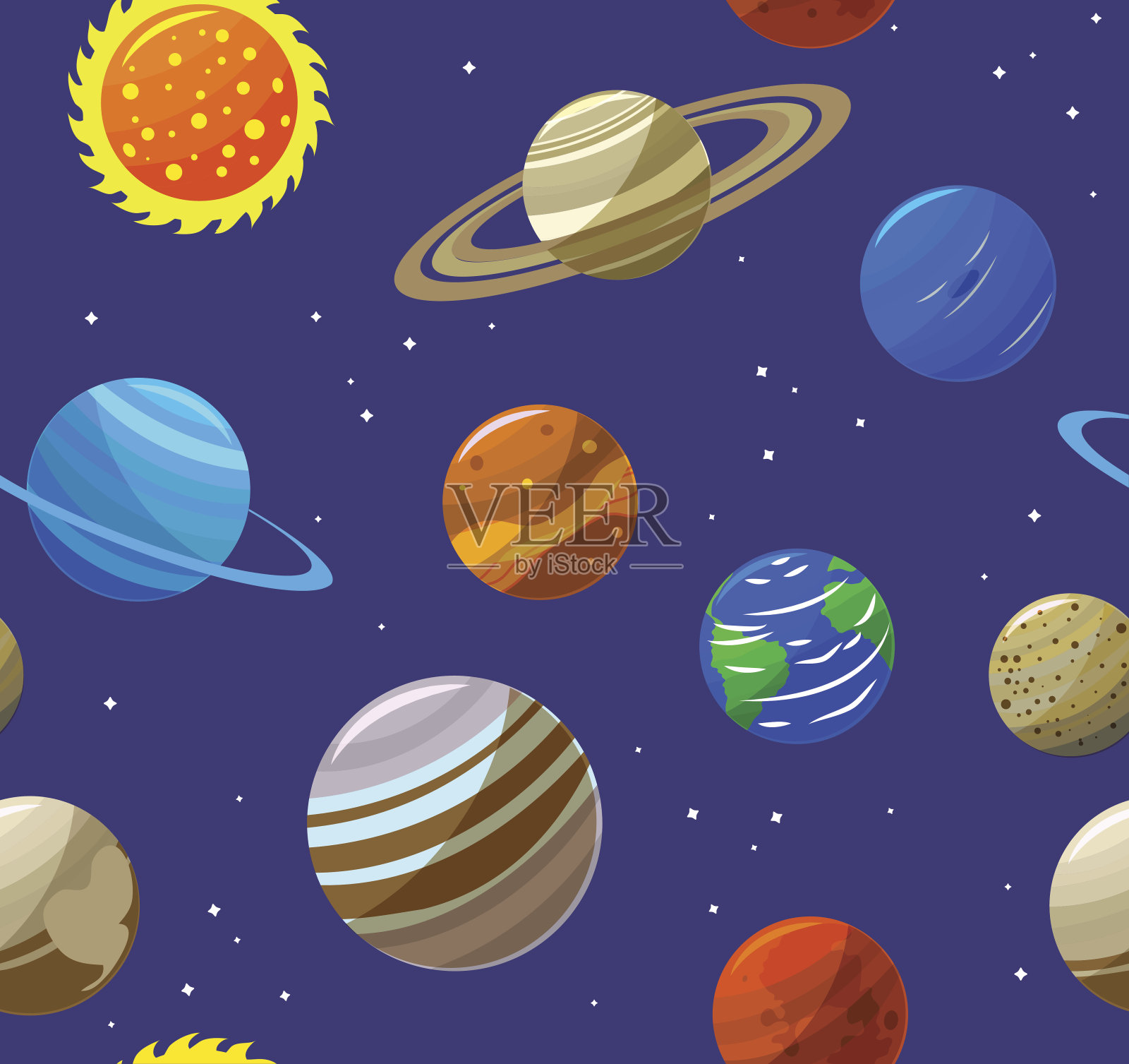 太阳系行星和太阳的背景图案。向量插画图片素材
