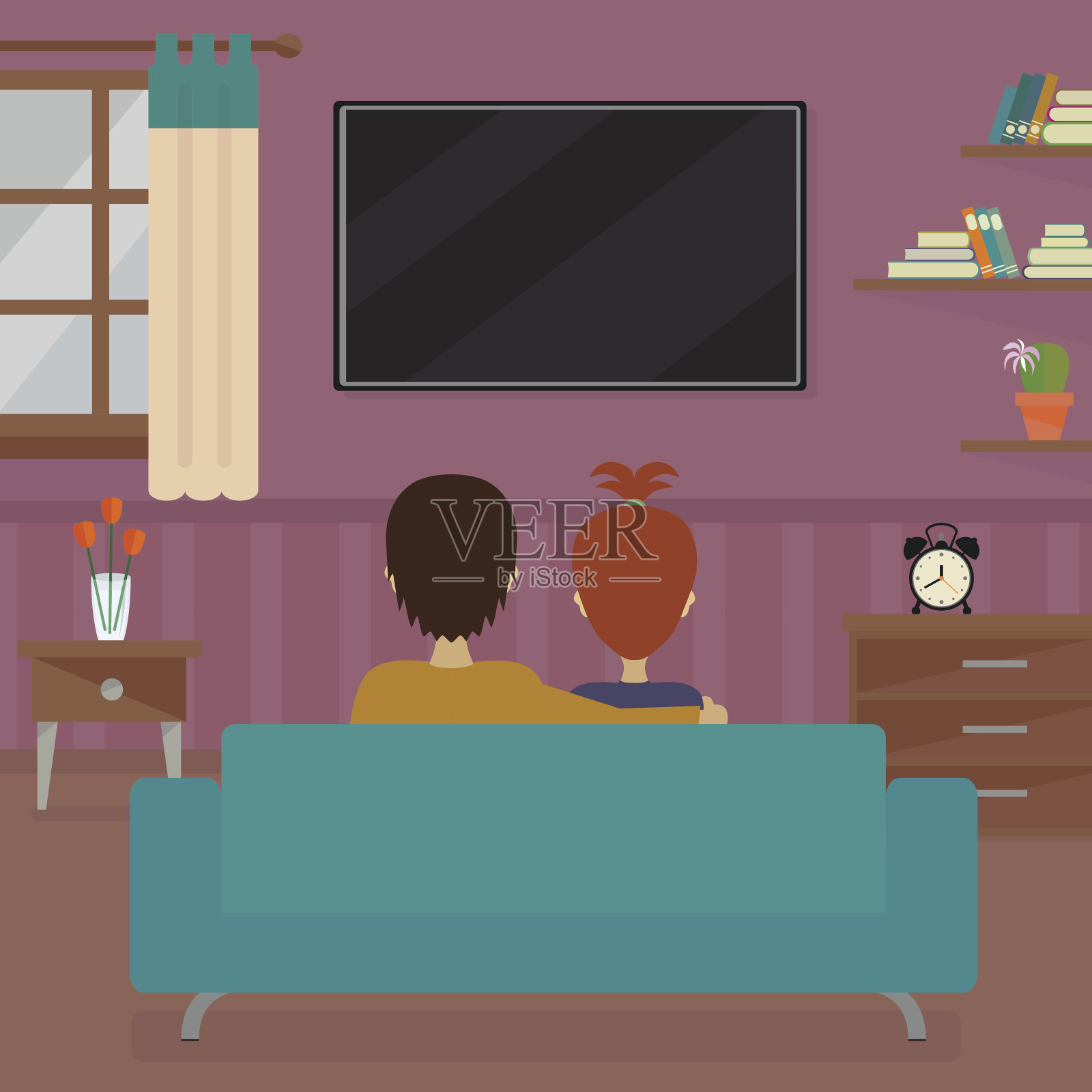 男男女女坐在电视屏幕前插画图片素材