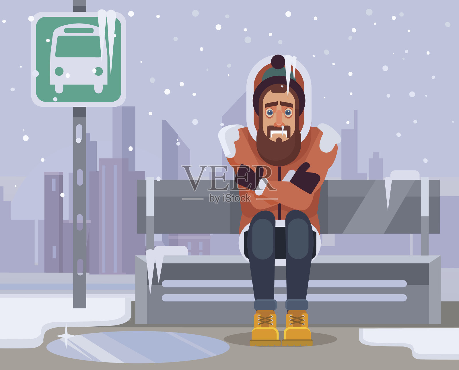 冻人角色等了很久的公共汽车插画图片素材