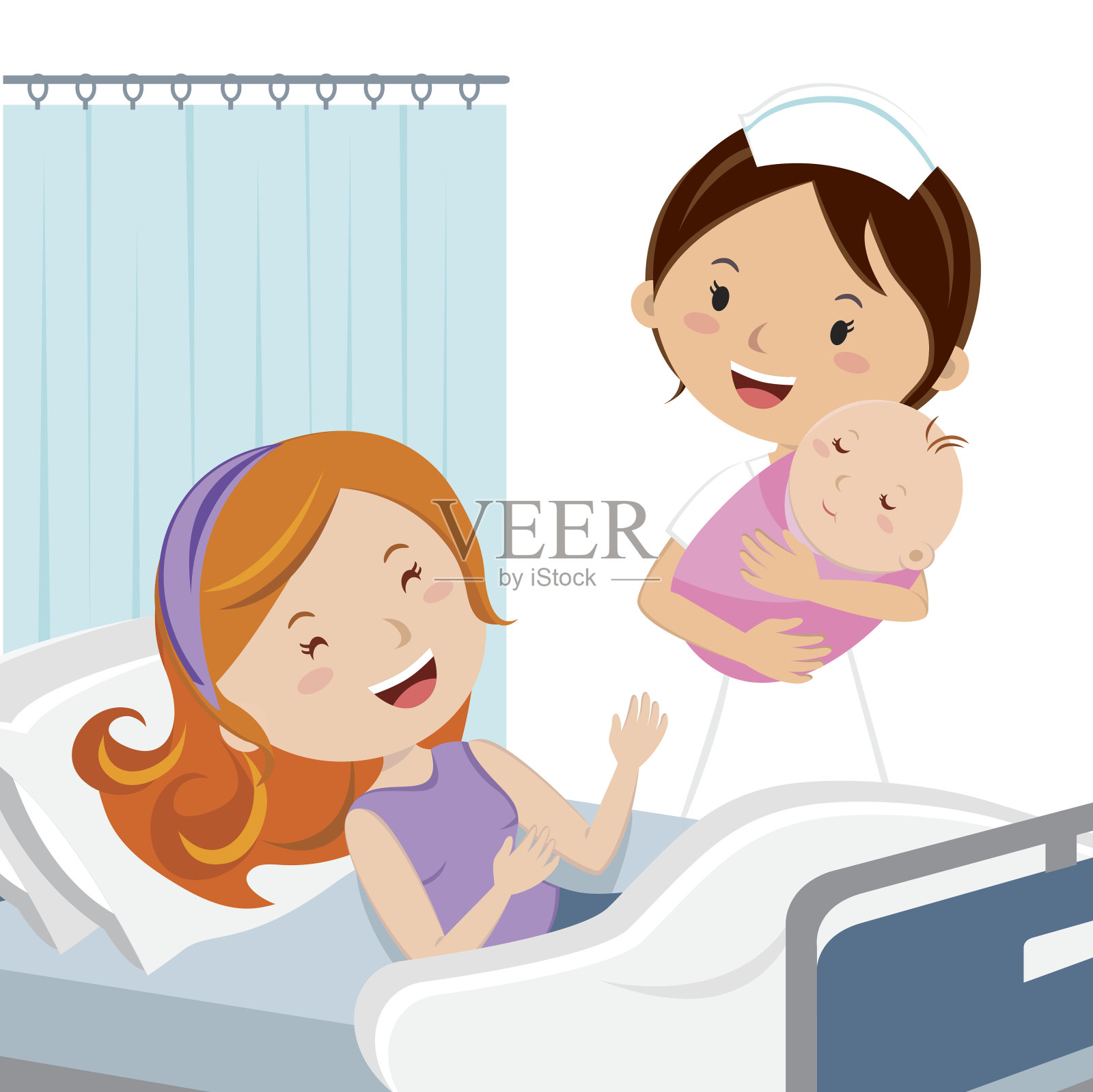 产科病房。女护士抱着刚出生的女婴。插画图片素材