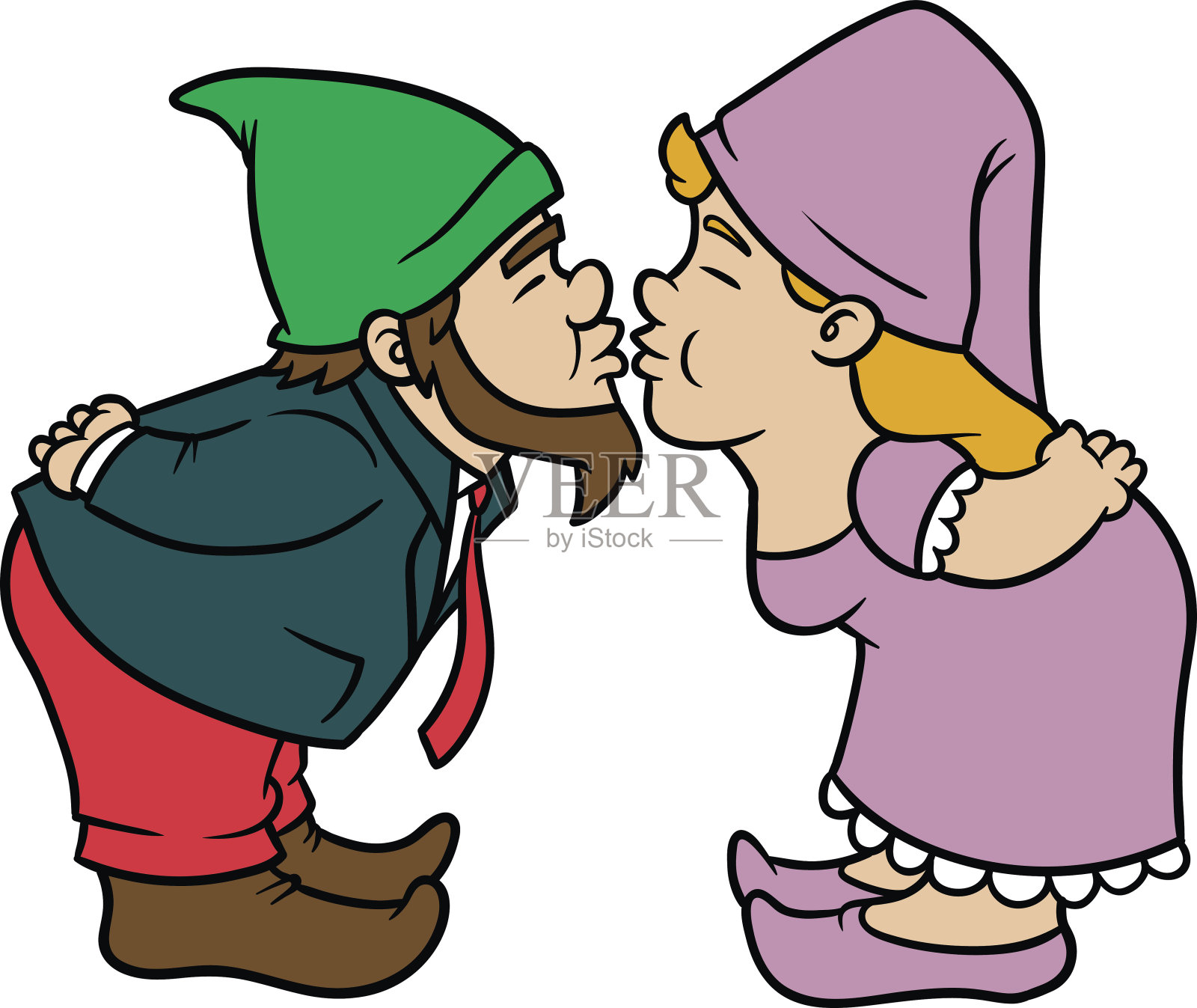 卡通侏儒新郎和新娘亲吻矢量插图设计元素图片