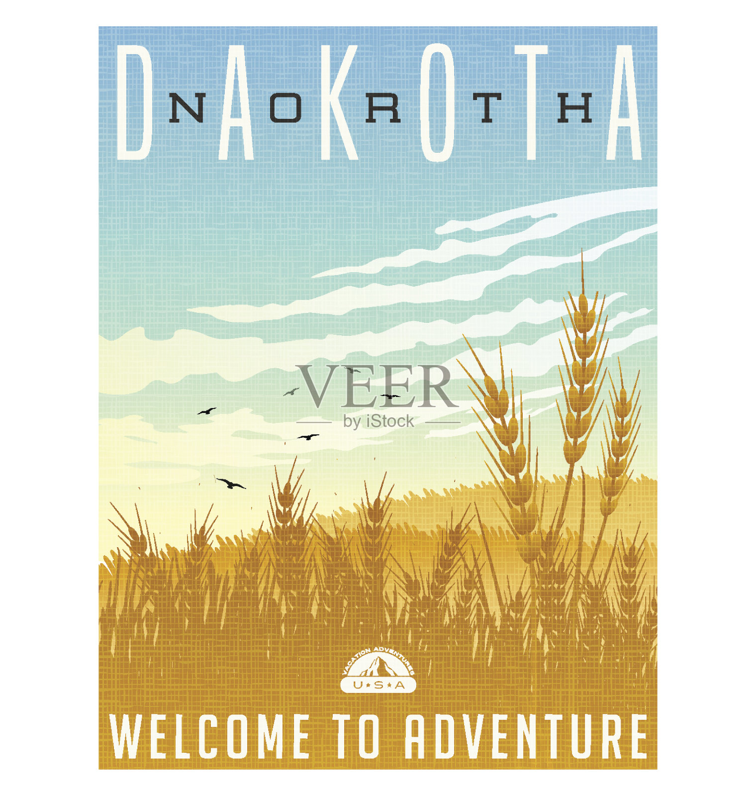 美国北达科他州的旅行海报或行李贴纸。风景插图的金色麦田与画眉和卷云头顶。插画图片素材