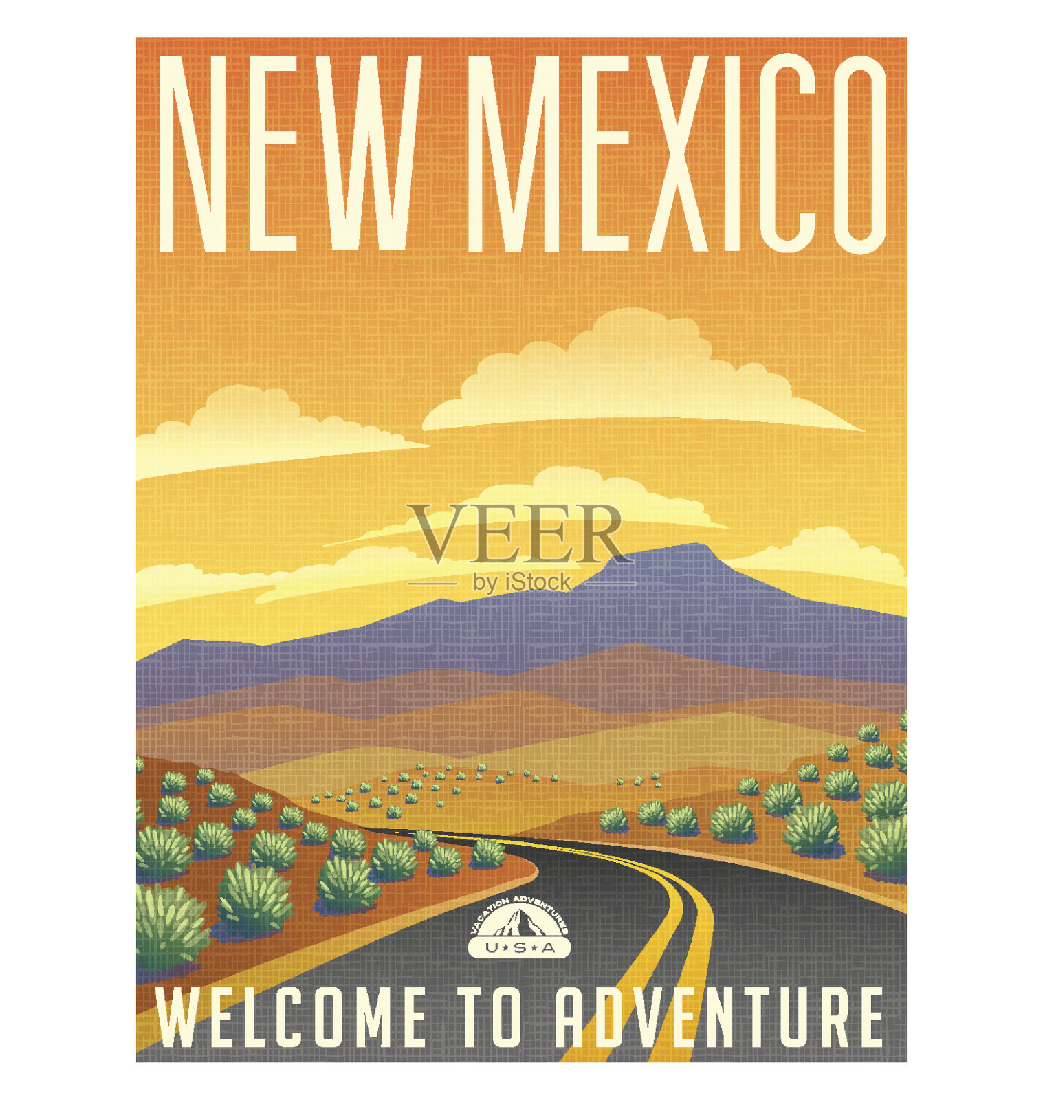 复古风格的旅行海报或贴纸。美国新墨西哥州沙漠山地景观。设计模板素材