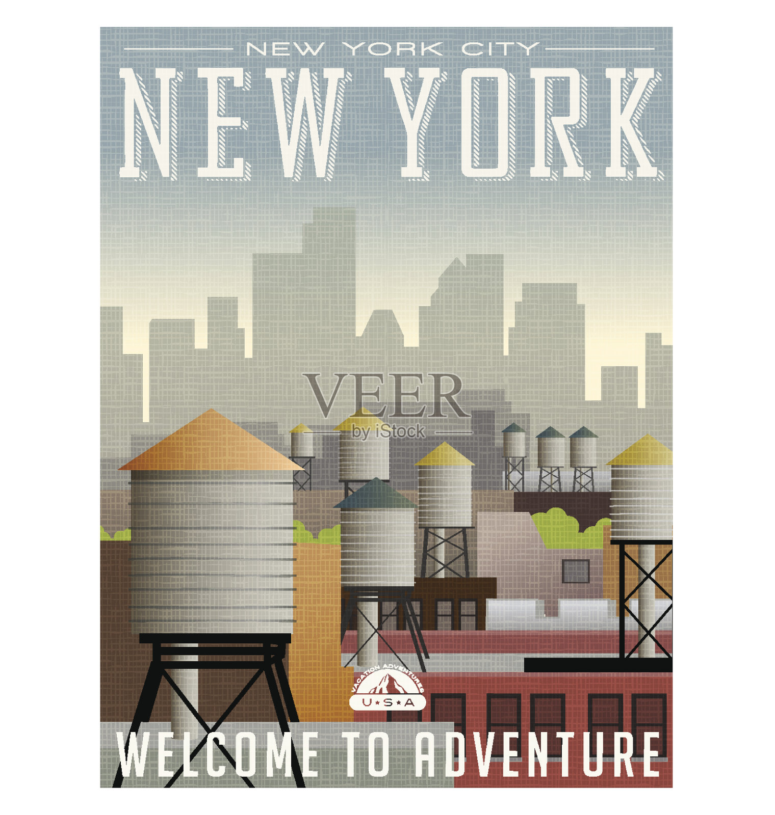 有插图的纽约旅行海报或贴纸。远处高楼大厦屋顶上的水塔设计模板素材