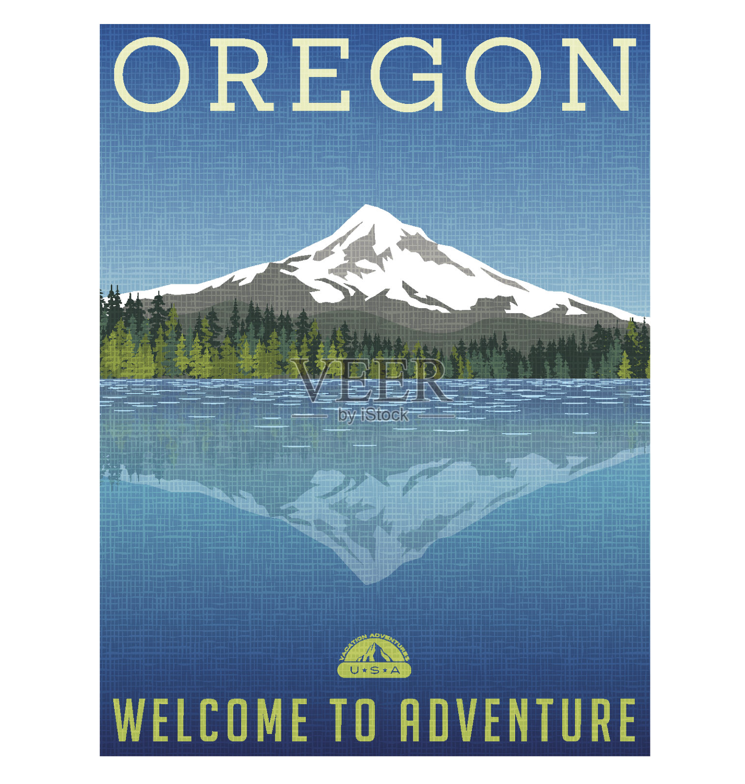 美国俄勒冈州旅行海报或行李贴纸。胡德山风景图，湖后倒影。设计模板素材