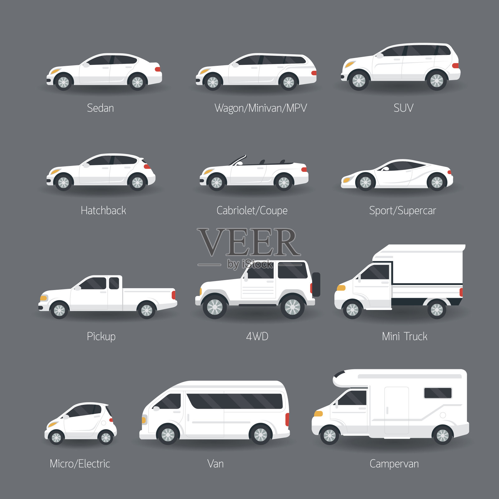 汽车类型和模型对象图标集插画图片素材