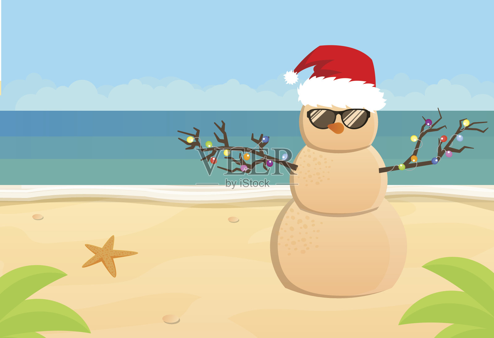 在热带沙滩上雪人圣诞老人插画图片素材