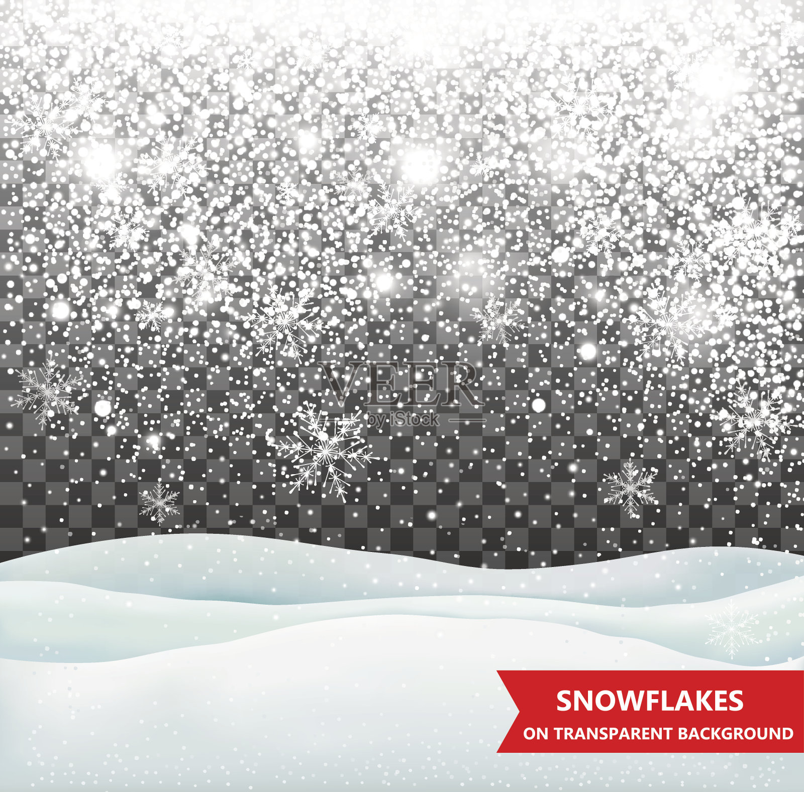 飘落的雪和雪堆在透明的背景上插画图片素材