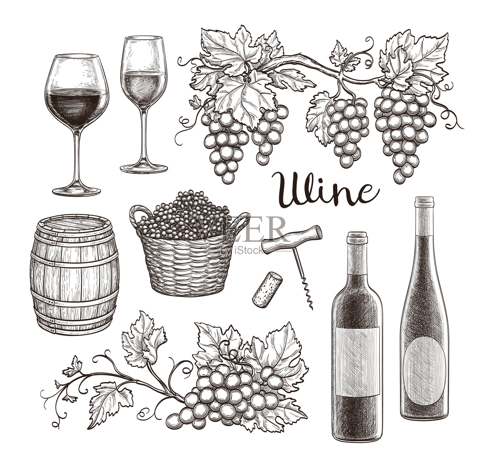 葡萄酒孤立在白色背景上。手绘矢量插图。复古风格。插画图片素材