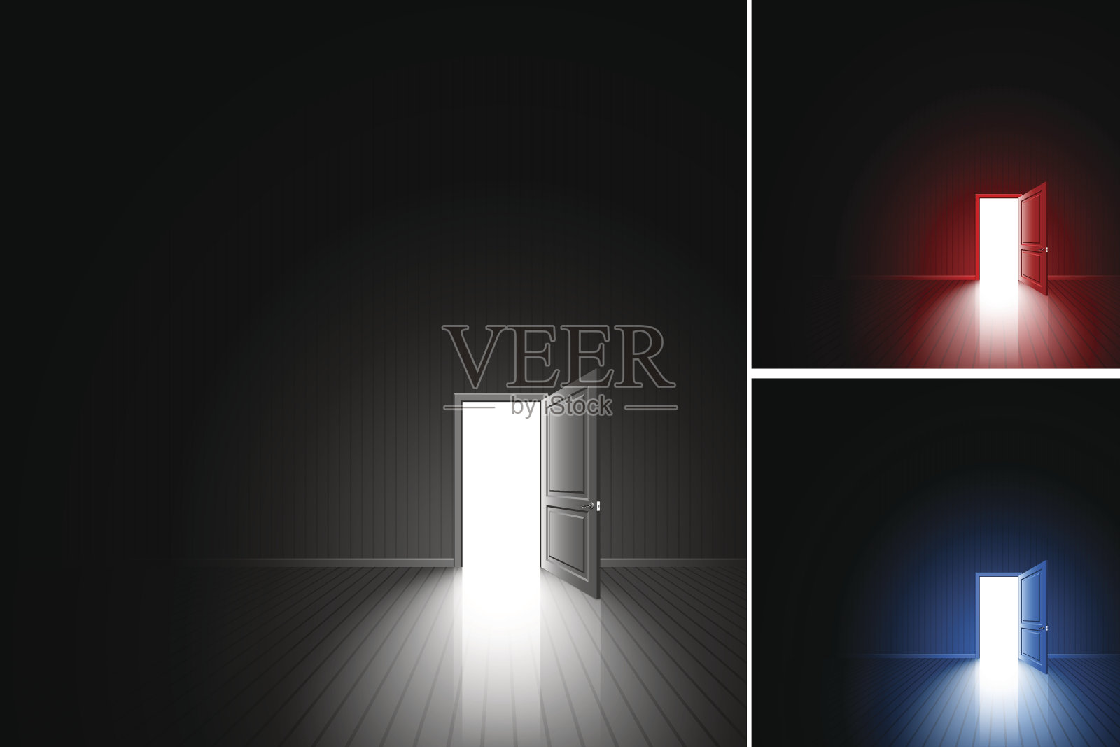 门打开灯一黑红蓝房间出口设置插画图片素材