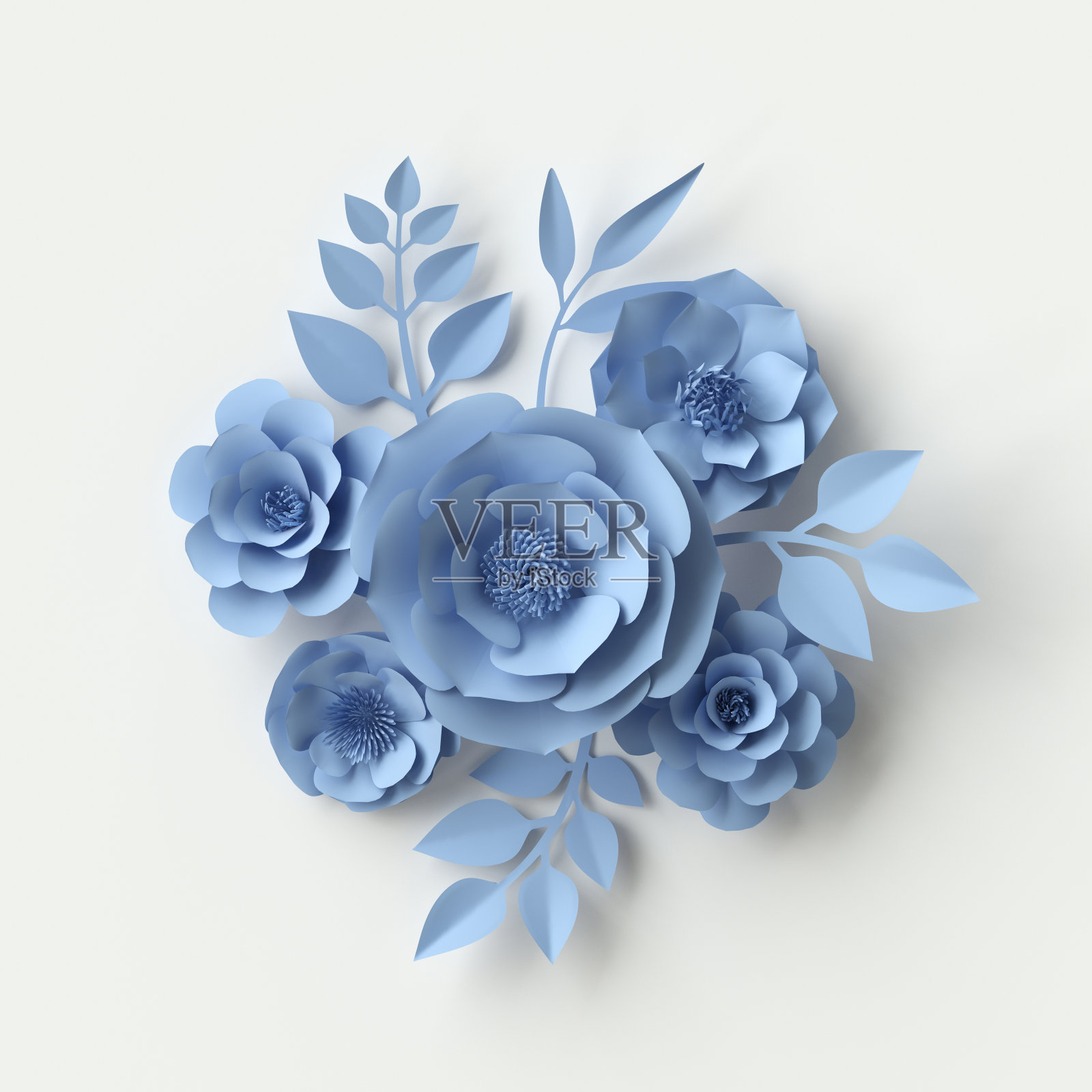 3d渲染，数字插图，花卉背景，蓝色纸花，节日墙装饰，装饰装饰品，新娘花束，贺卡插画图片素材