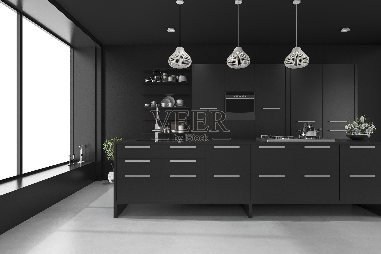 3d渲染黑色现代豪华厨房照片摄影图片