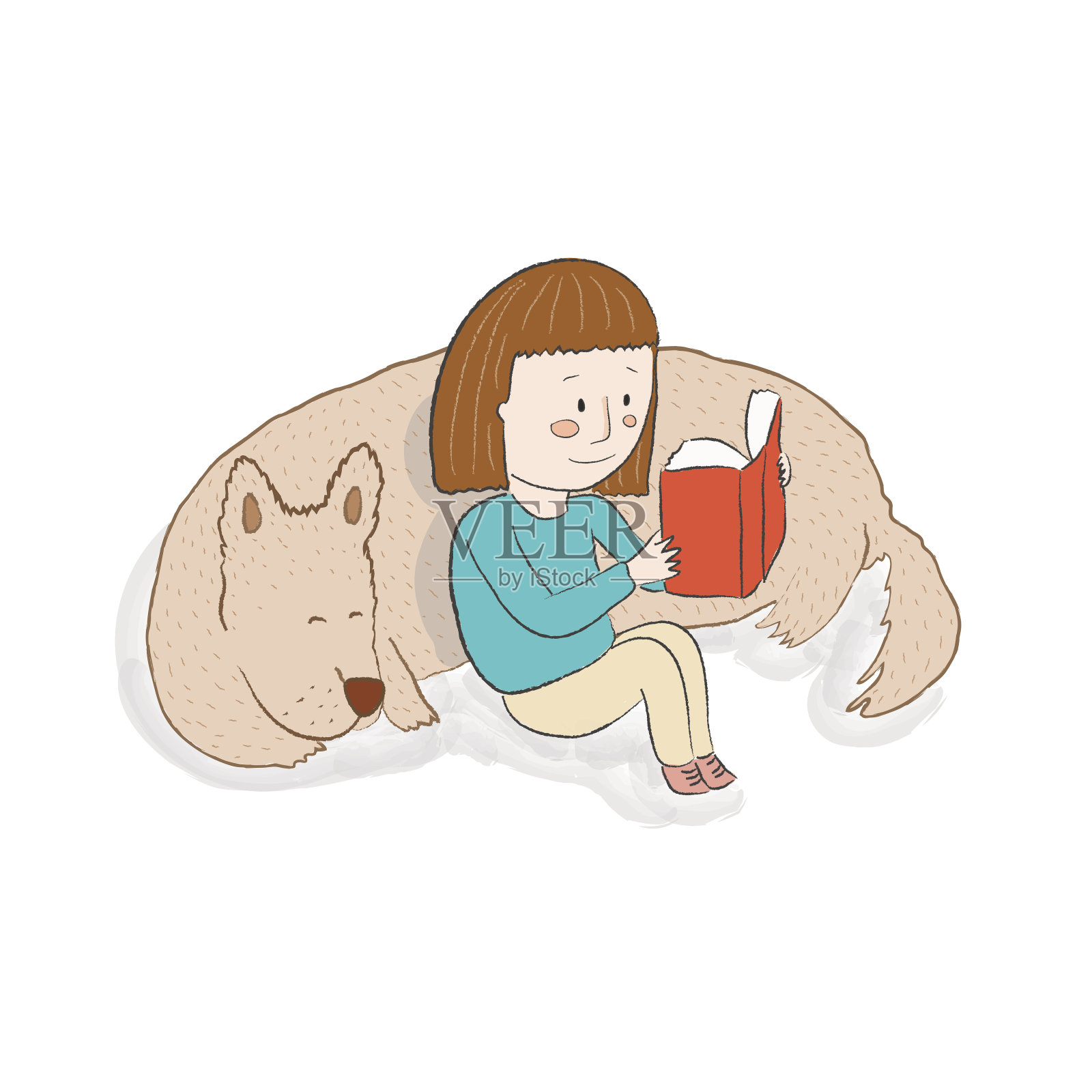 女孩和她睡觉的狗一起看书插画图片素材