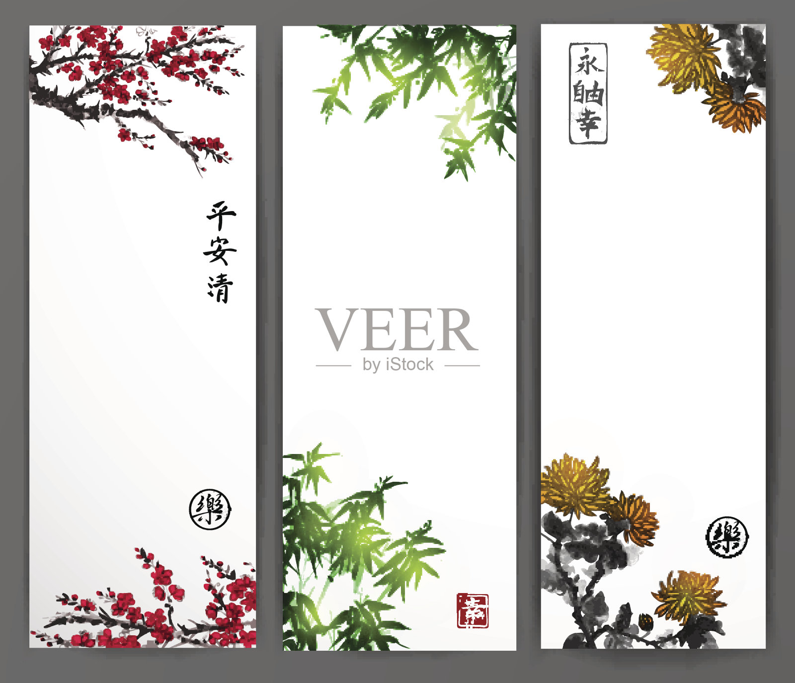 三幅绘有樱花、竹子和菊花的横幅。传统的东方设计模板素材
